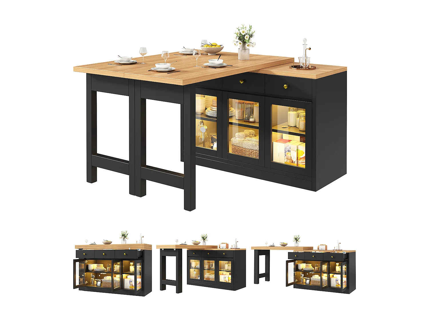 Ausziehbare Kücheninsel 120-200 cm mit LED, modularer Esstisch mit 3 Soft-Close-Schubladen und Glastüren - schwarz