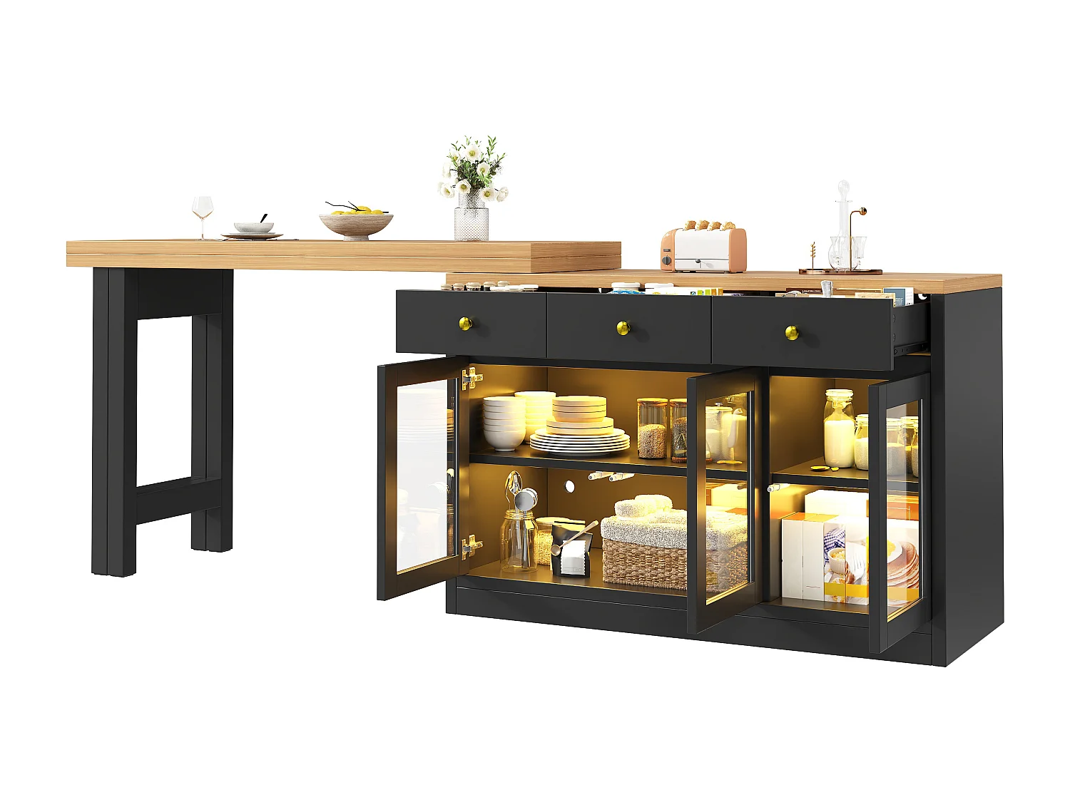 Ausziehbare Kücheninsel 120-200 cm mit LED, modularer Esstisch mit 3 Soft-Close-Schubladen und Glastüren - schwarz