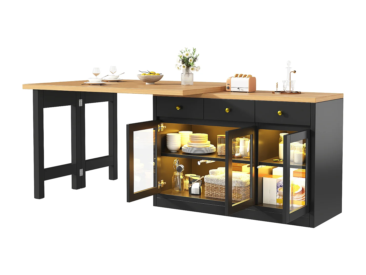 Ausziehbare Kücheninsel 120-200 cm mit LED, modularer Esstisch mit 3 Soft-Close-Schubladen und Glastüren - schwarz