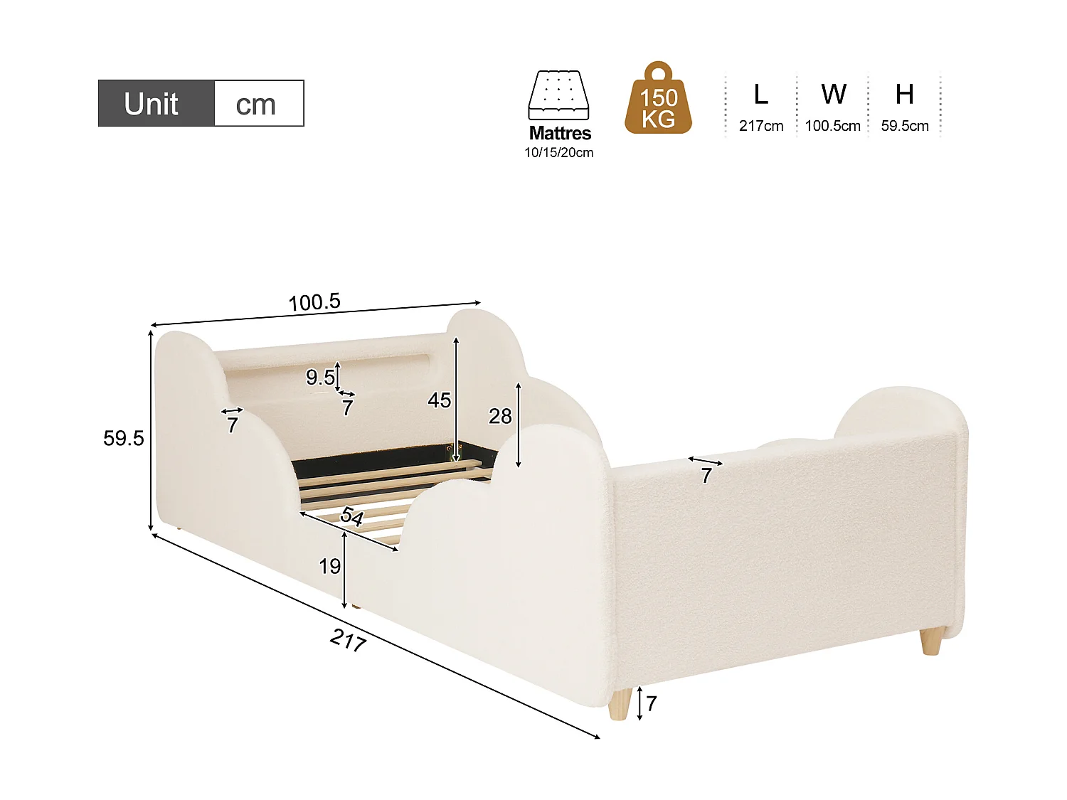 Lit enfant capitonné 90x200 cm - avec barrières de sécurité - Pieds en bois massif - Tissu bouclé - Beige (Matelas non inclus)