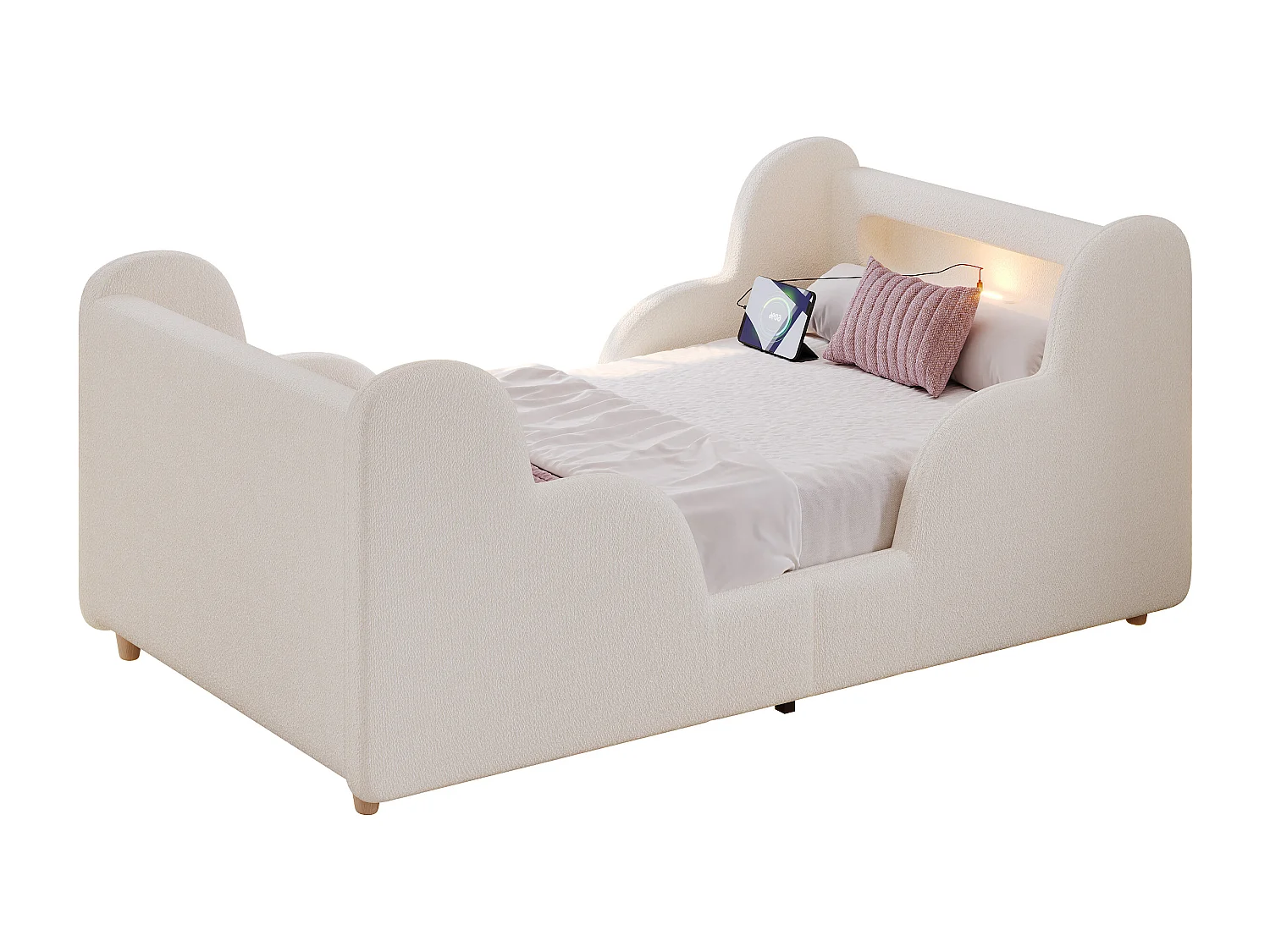 Lit enfant capitonné 90x200 cm - avec barrières de sécurité - Pieds en bois massif - Tissu bouclé - Beige (Matelas non inclus)