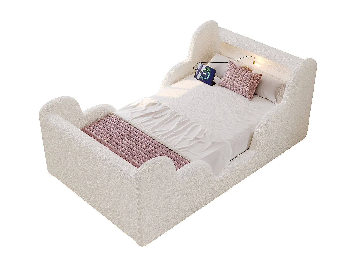Lit enfant capitonné 90x200 cm - avec barrières de sécurité - Pieds en bois massif - Tissu bouclé - Beige (Matelas non inclus)