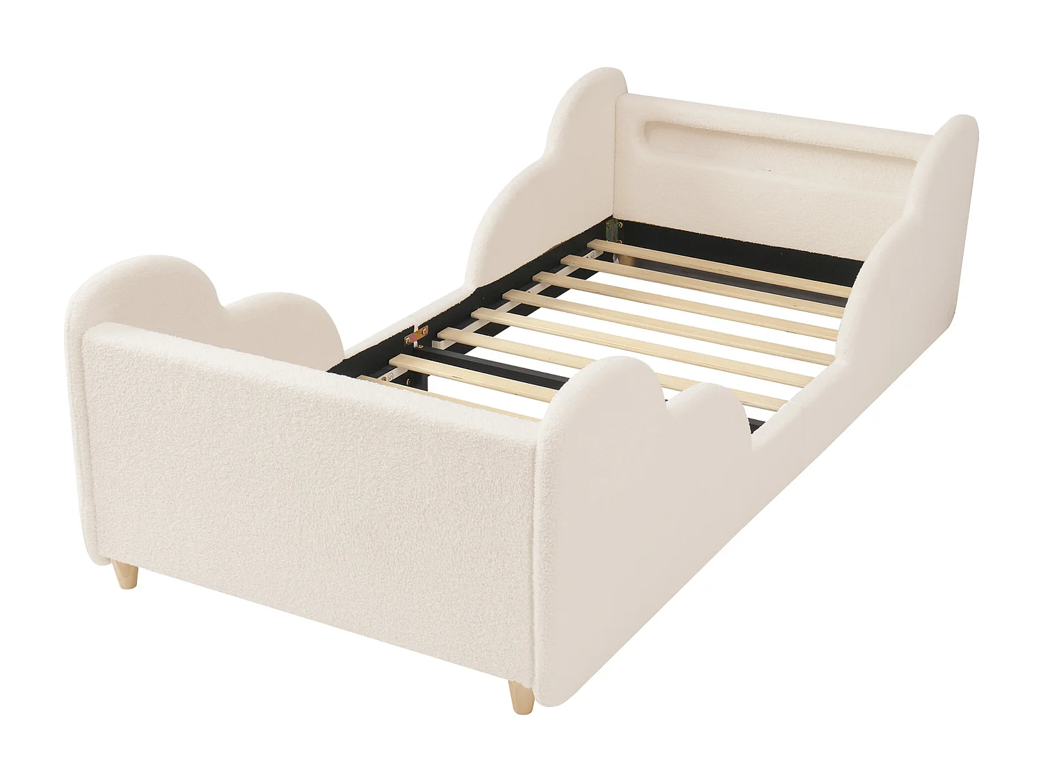 Lit enfant capitonné 90x200 cm - avec barrières de sécurité - Pieds en bois massif - Tissu bouclé - Beige (Matelas non inclus)