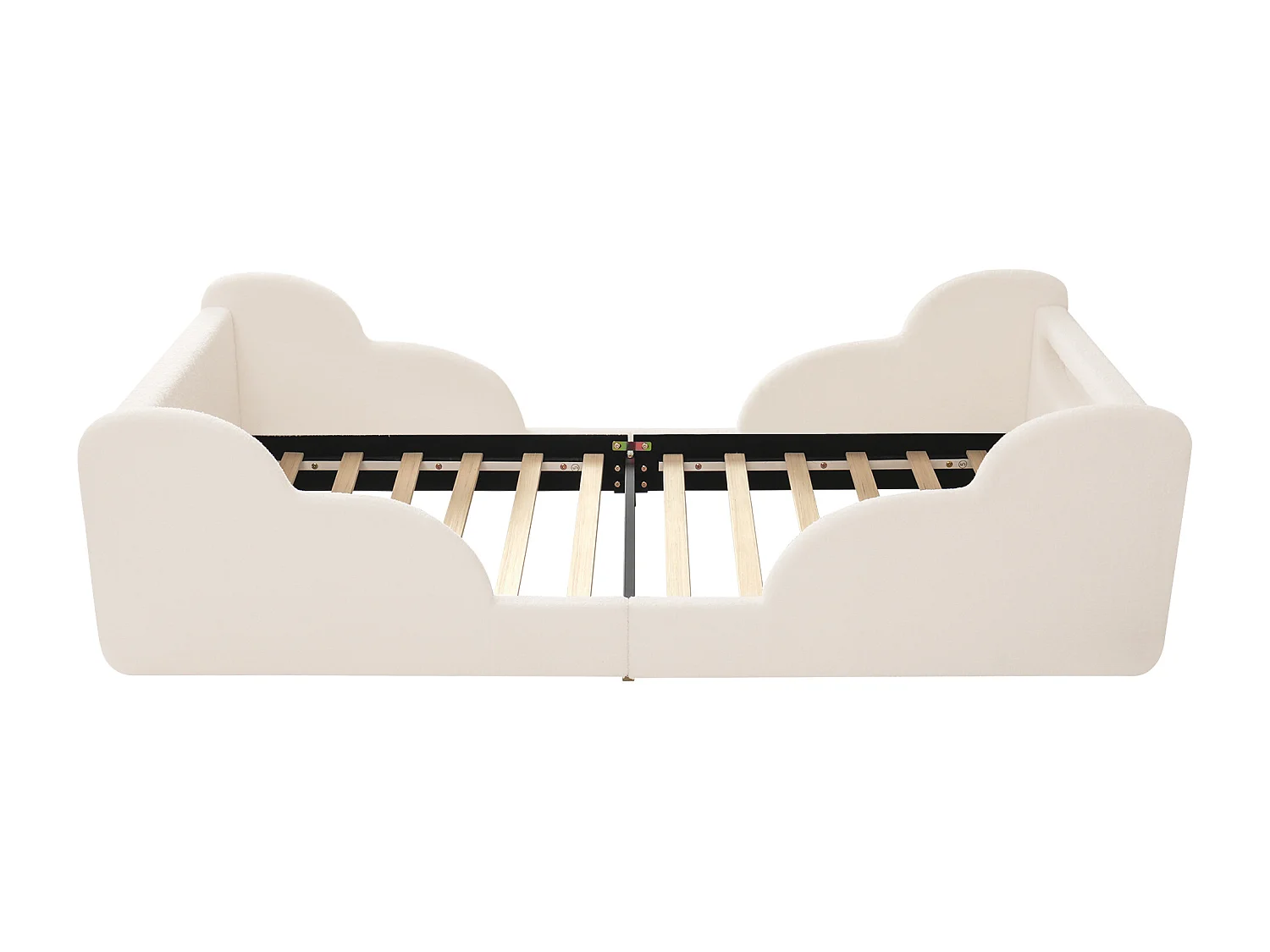 Lit enfant capitonné 90x200 cm - avec barrières de sécurité - Pieds en bois massif - Tissu bouclé - Beige (Matelas non inclus)