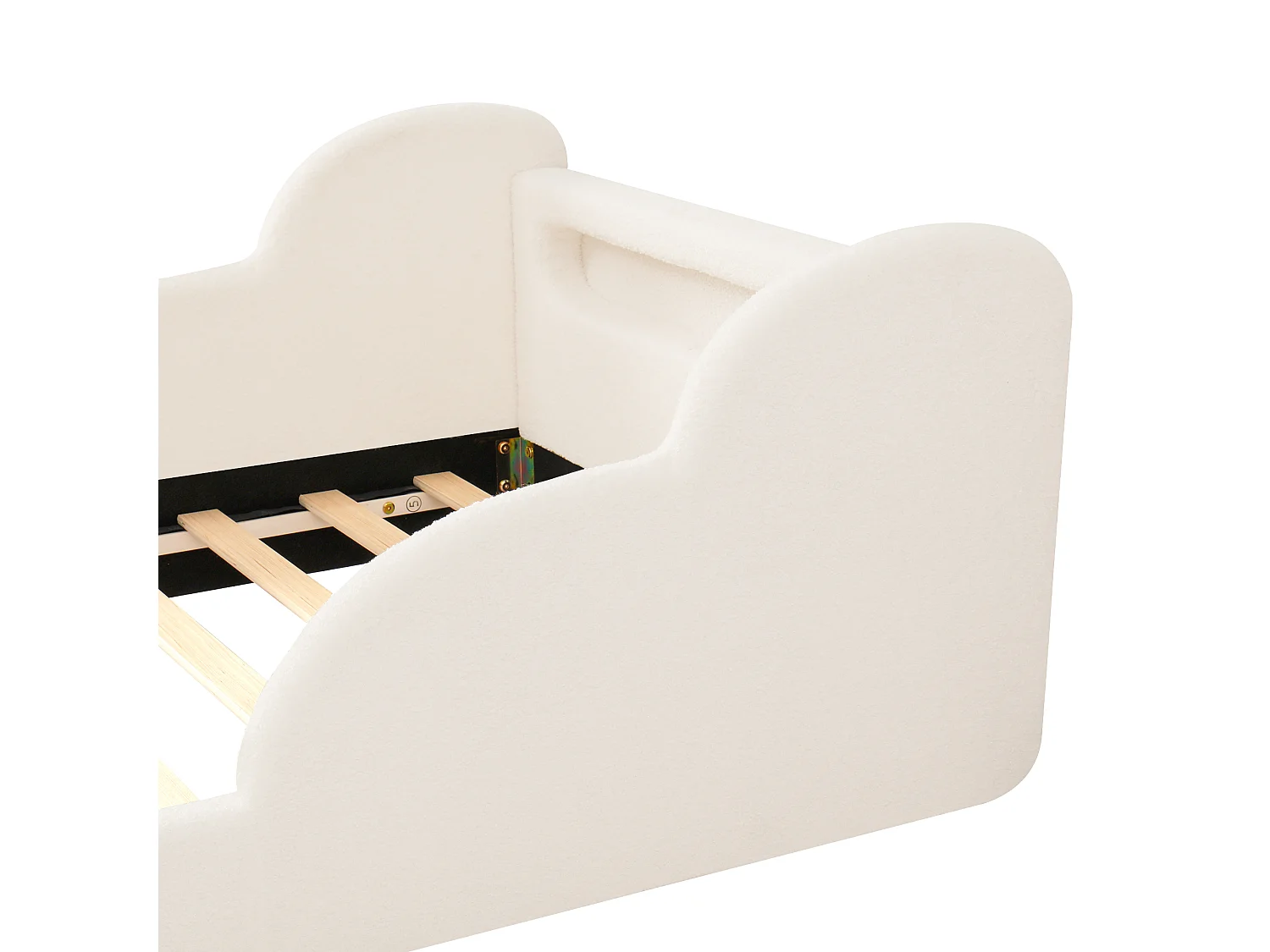 Lit enfant capitonné 90x200 cm - avec barrières de sécurité - Pieds en bois massif - Tissu bouclé - Beige (Matelas non inclus)