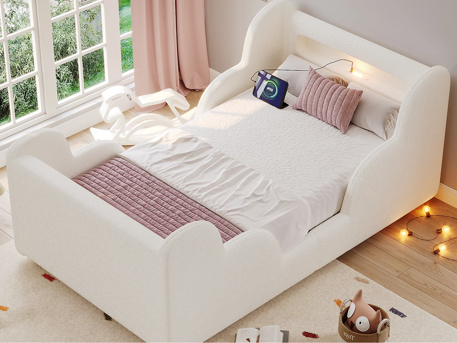 Lit enfant capitonné 90x200 cm - avec barrières de sécurité - Pieds en bois massif - Tissu bouclé - Beige (Matelas non inclus)