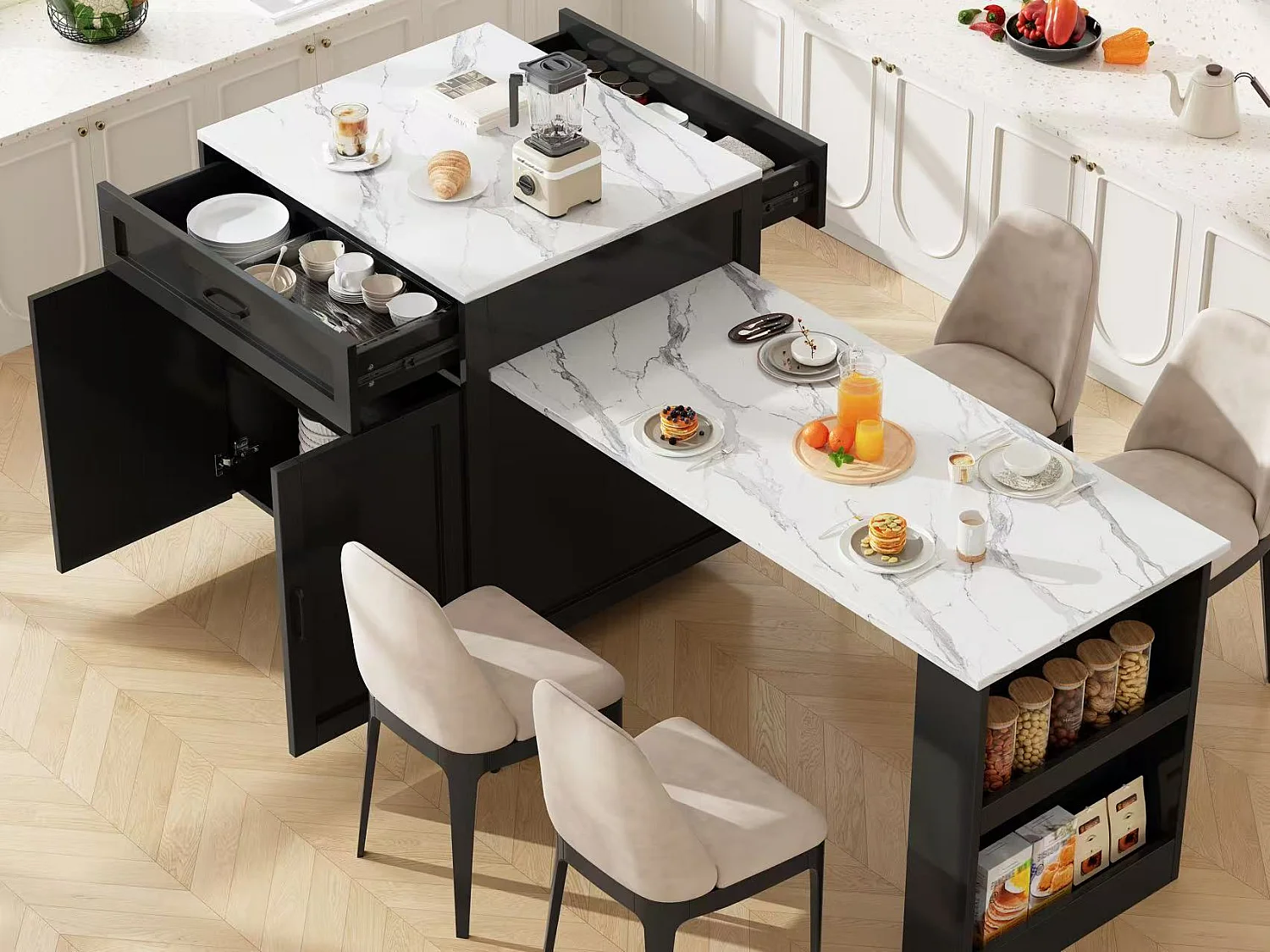 Îlot de Cuisine Extensible 133-202cm, Buffet de Cuisine Mobile sur Roulettes, 2 Tiroirs, Étagères et Porte-Épices - Noir