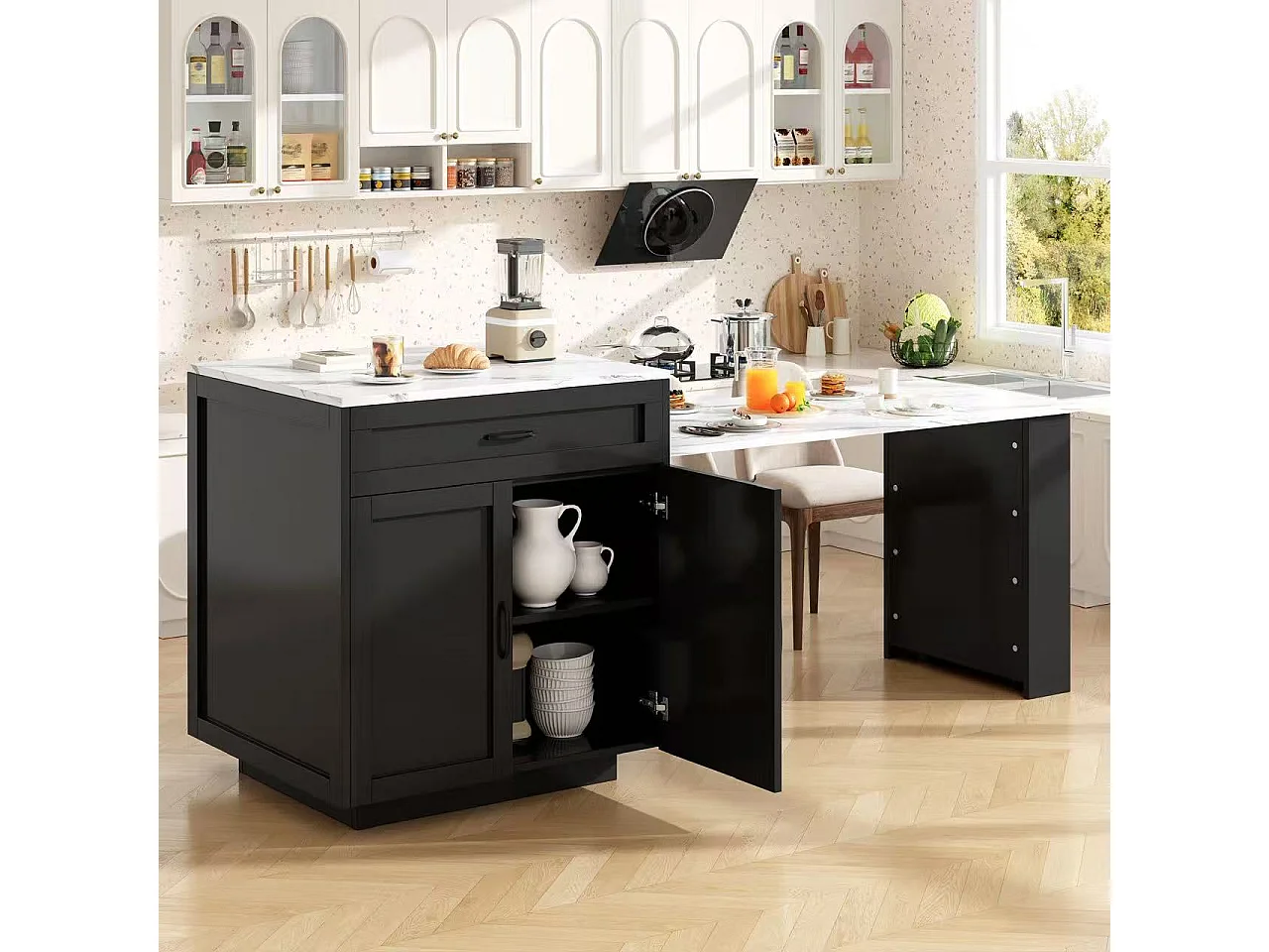 Îlot de Cuisine Extensible 133-202cm, Buffet de Cuisine Mobile sur Roulettes, 2 Tiroirs, Étagères et Porte-Épices - Noir