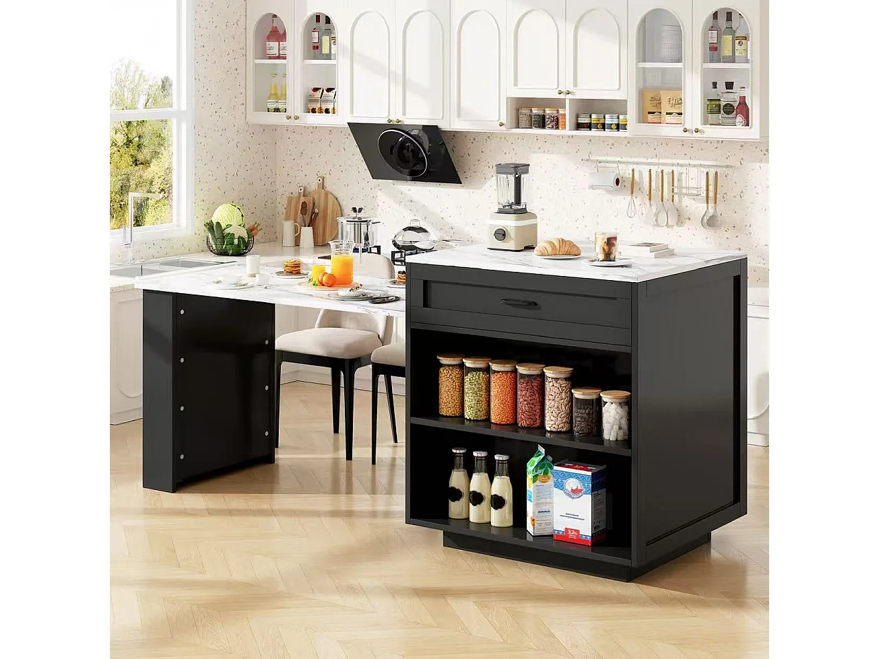 Îlot de Cuisine Extensible 133-202cm, Buffet de Cuisine Mobile sur Roulettes, 2 Tiroirs, Étagères et Porte-Épices - Noir