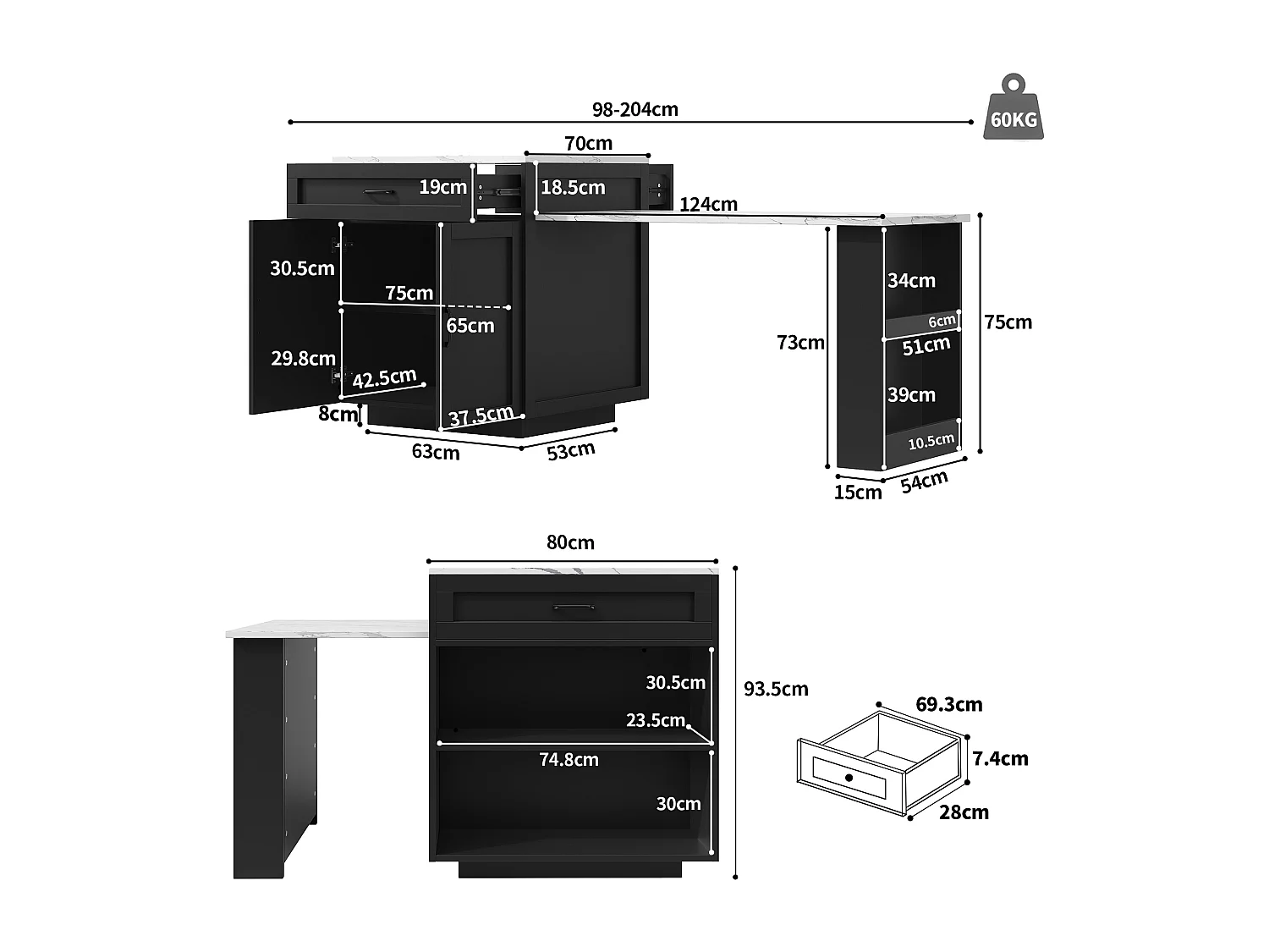 Îlot de Cuisine Extensible 133-202cm, Buffet de Cuisine Mobile sur Roulettes, 2 Tiroirs, Étagères et Porte-Épices - Noir