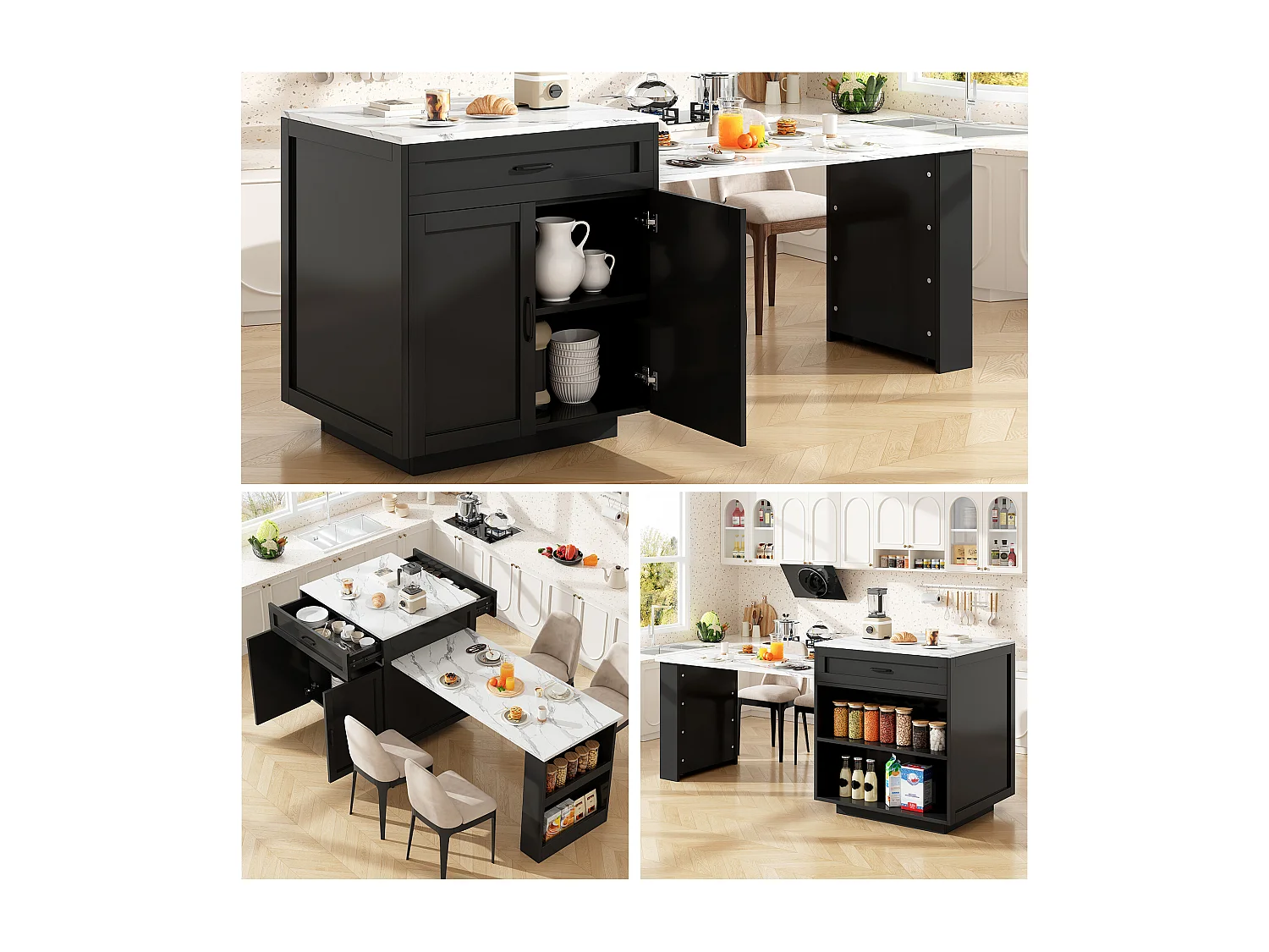 Îlot de Cuisine Extensible 133-202cm, Buffet de Cuisine Mobile sur Roulettes, 2 Tiroirs, Étagères et Porte-Épices - Noir