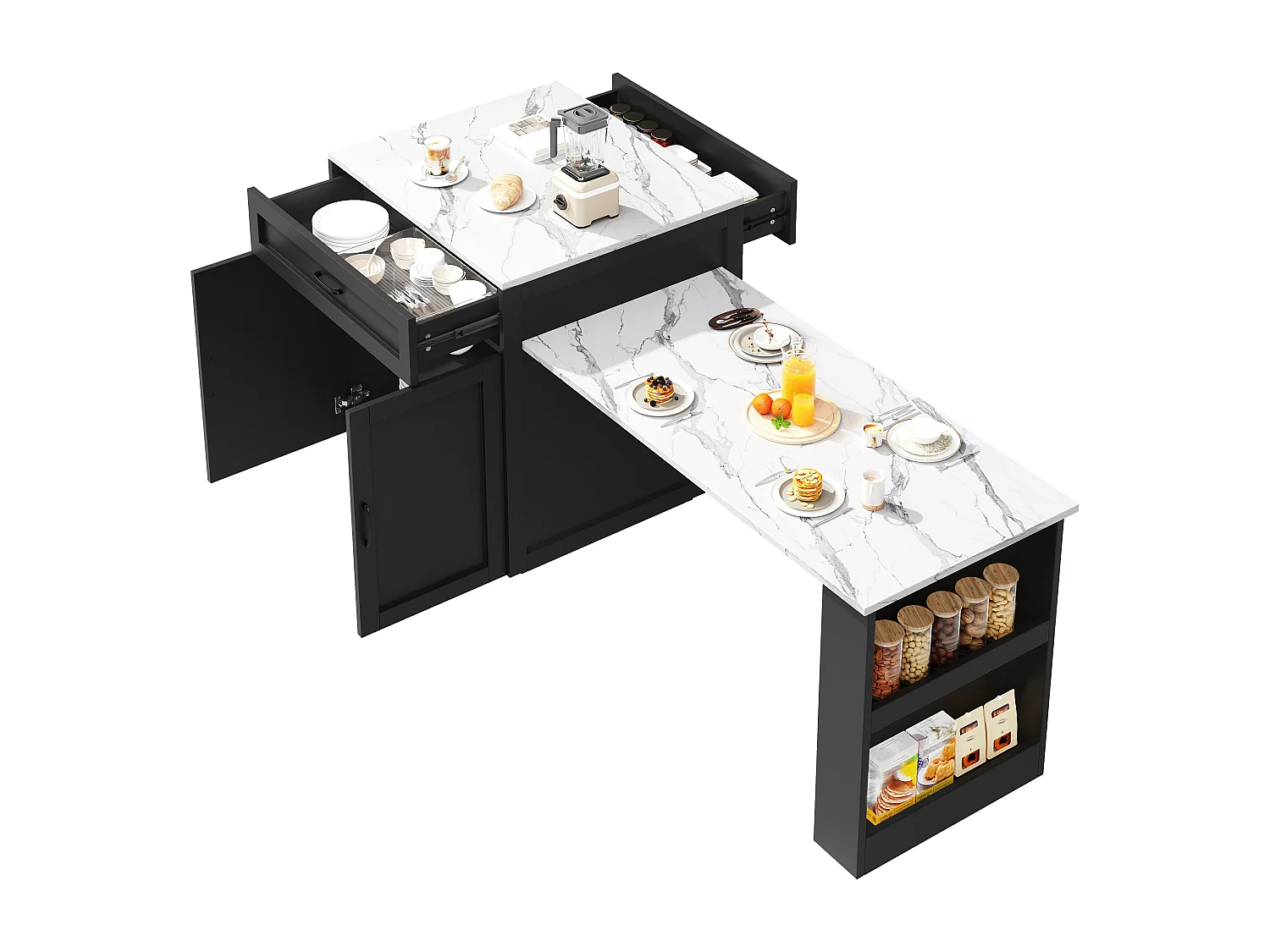 Îlot de Cuisine Extensible 133-202cm, Buffet de Cuisine Mobile sur Roulettes, 2 Tiroirs, Étagères et Porte-Épices - Noir