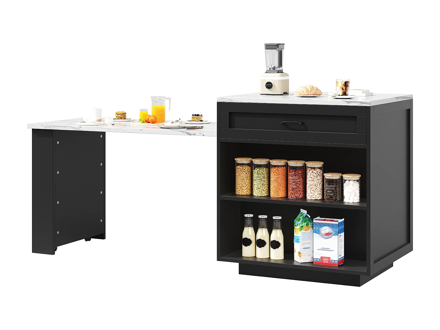 Îlot de Cuisine Extensible 133-202cm, Buffet de Cuisine Mobile sur Roulettes, 2 Tiroirs, Étagères et Porte-Épices - Noir