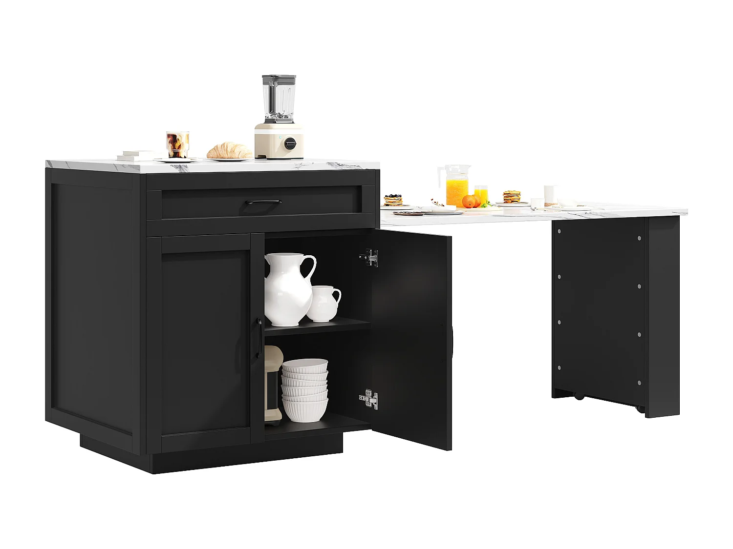 Îlot de Cuisine Extensible 133-202cm, Buffet de Cuisine Mobile sur Roulettes, 2 Tiroirs, Étagères et Porte-Épices - Noir