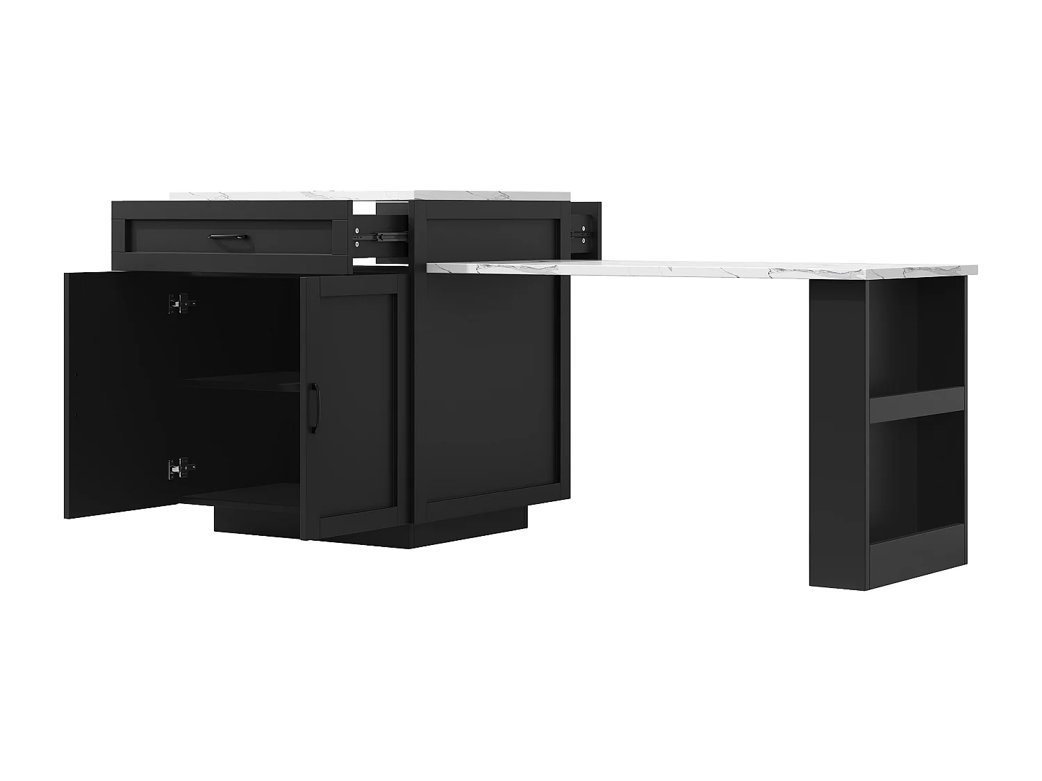 Îlot de Cuisine Extensible 133-202cm, Buffet de Cuisine Mobile sur Roulettes, 2 Tiroirs, Étagères et Porte-Épices - Noir