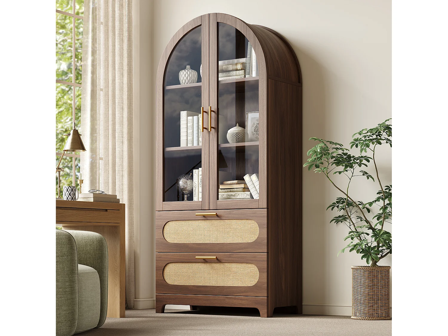Retro-Bücherregal mit Vitrine 175cm aus Nussbaum mit 2 PE-Rattan-Schubladen und Glastüren, verstellbare Regale - braun