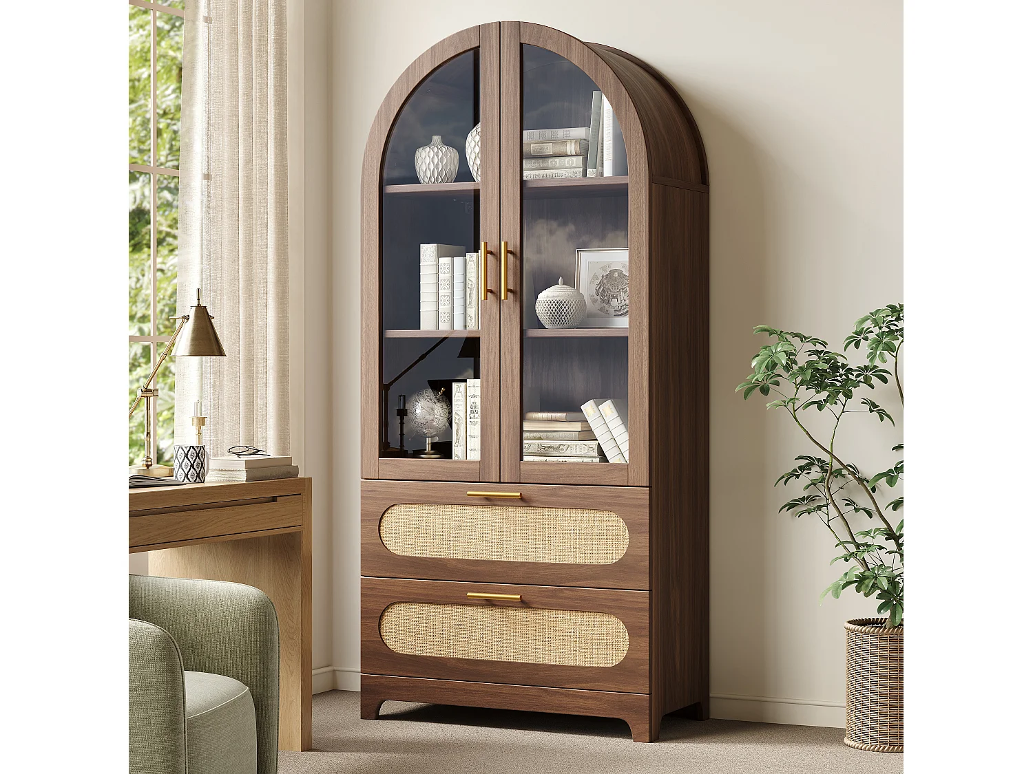 Retro-Bücherregal mit Vitrine 175cm aus Nussbaum mit 2 PE-Rattan-Schubladen und Glastüren, verstellbare Regale - braun