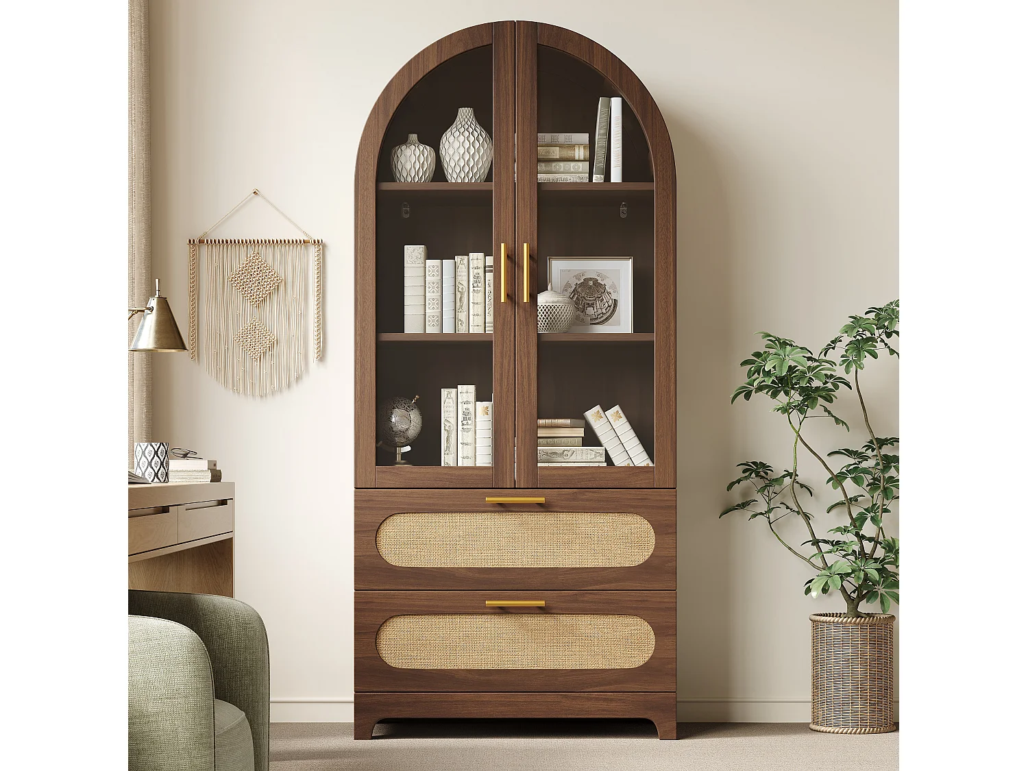 Retro-Bücherregal mit Vitrine 175cm aus Nussbaum mit 2 PE-Rattan-Schubladen und Glastüren, verstellbare Regale - braun