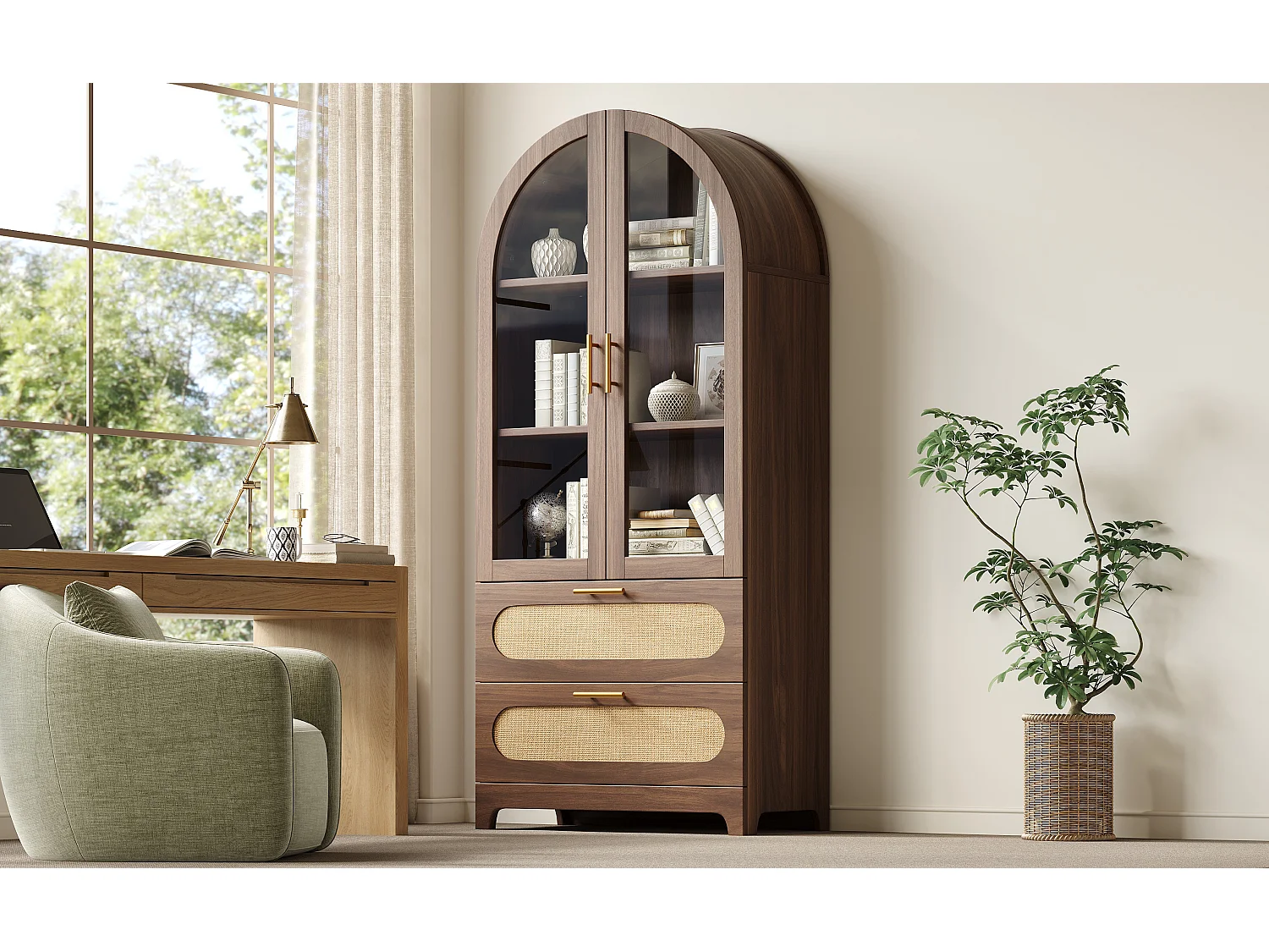 Retro-Bücherregal mit Vitrine 175cm aus Nussbaum mit 2 PE-Rattan-Schubladen und Glastüren, verstellbare Regale - braun