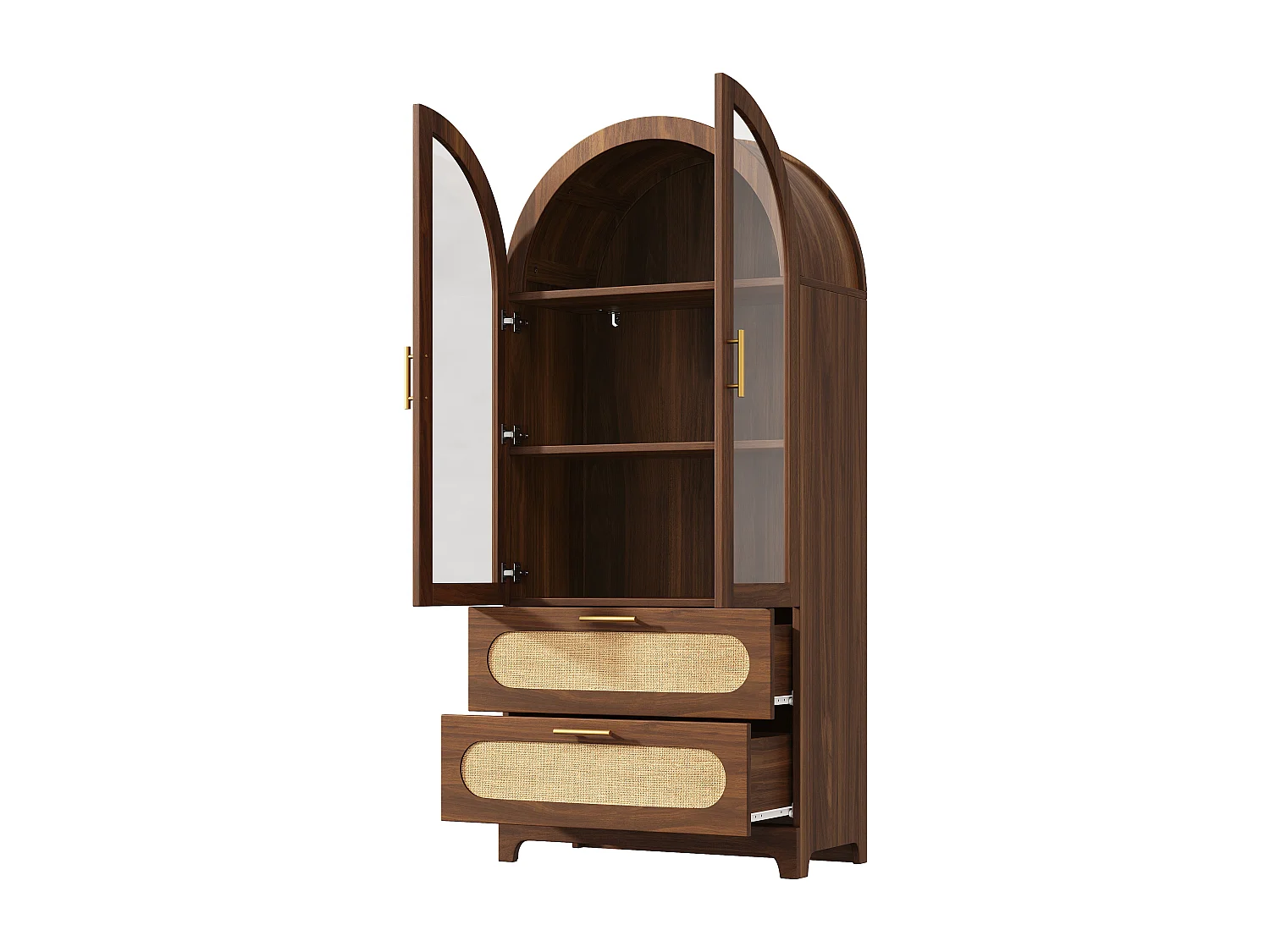 Retro-Bücherregal mit Vitrine 175cm aus Nussbaum mit 2 PE-Rattan-Schubladen und Glastüren, verstellbare Regale - braun