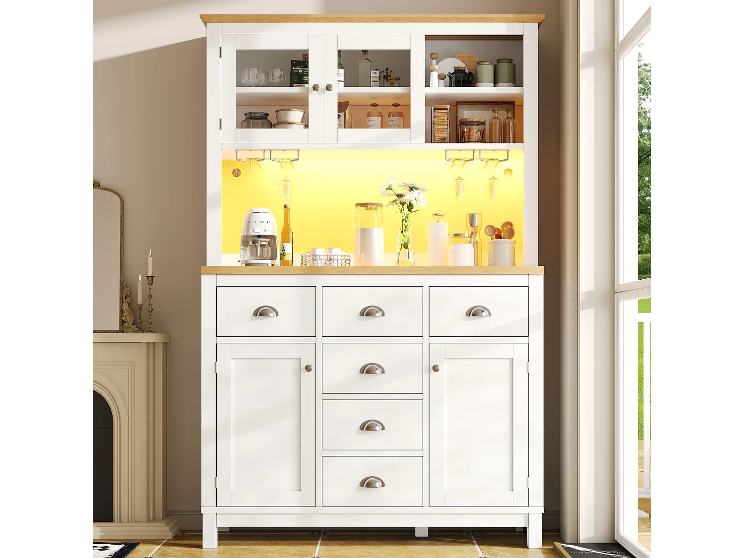 Credenza da cucina 104x180cm con LED, supporto per bevande, 4 ante e vano portaoggetti interno - bianco