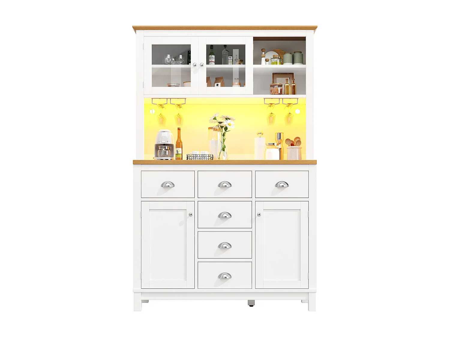 Credenza da cucina 104x180cm con LED, supporto per bevande, 4 ante e vano portaoggetti interno - bianco