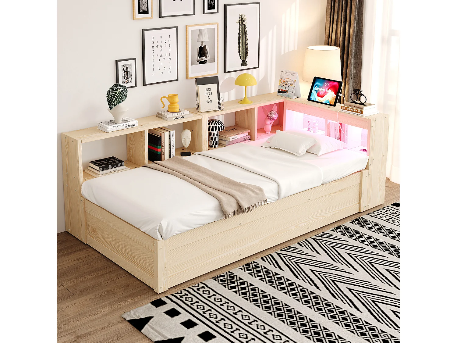 Slaapbank 90 × 200 cm - met stopcontact - met opbergvakken - met LED-verlichting - naturel (matras niet inbegrepen)