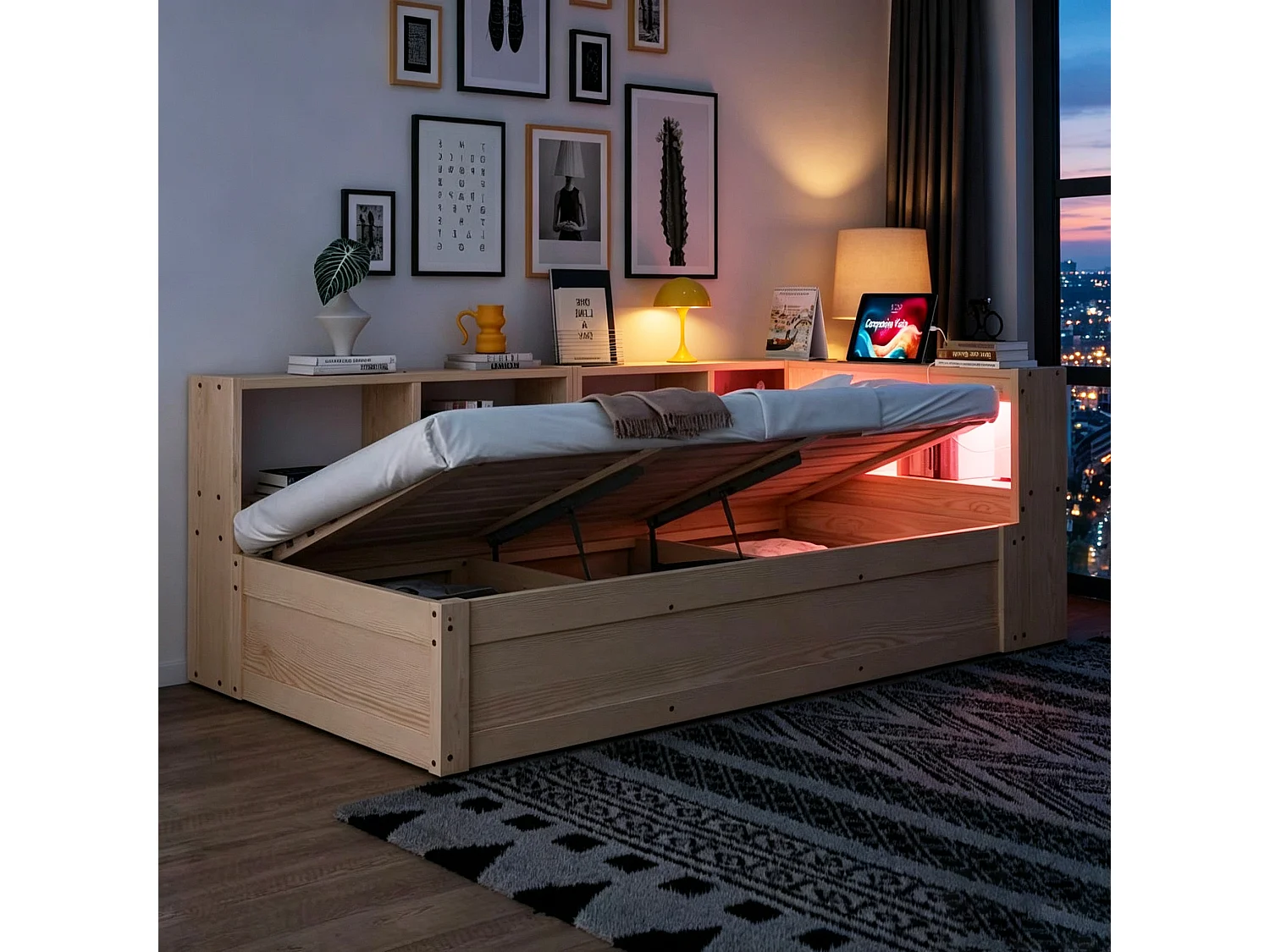 Slaapbank 90 × 200 cm - met stopcontact - met opbergvakken - met LED-verlichting - naturel (matras niet inbegrepen)