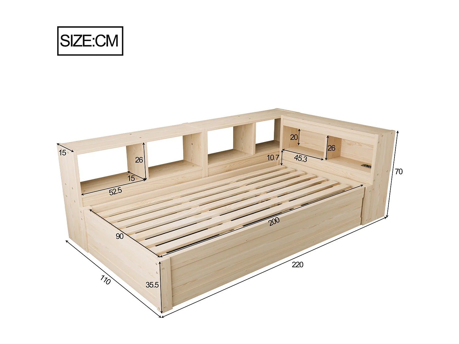 Slaapbank 90 × 200 cm - met stopcontact - met opbergvakken - met LED-verlichting - naturel (matras niet inbegrepen)