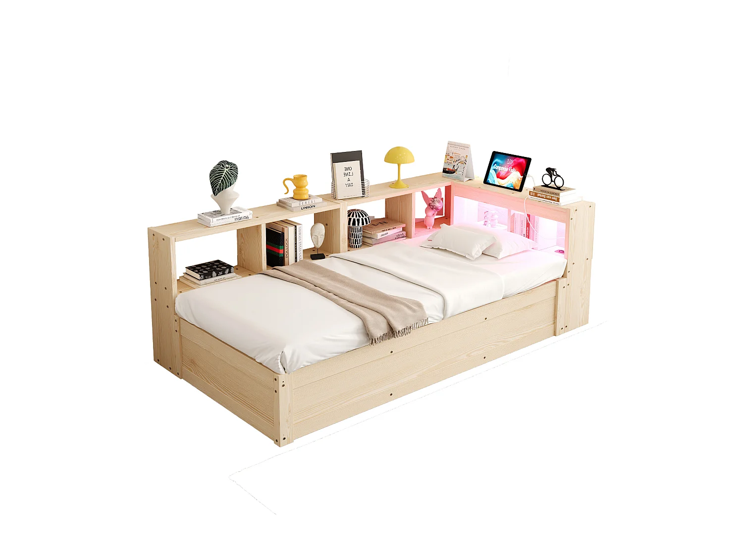 Slaapbank 90 × 200 cm - met stopcontact - met opbergvakken - met LED-verlichting - naturel (matras niet inbegrepen)