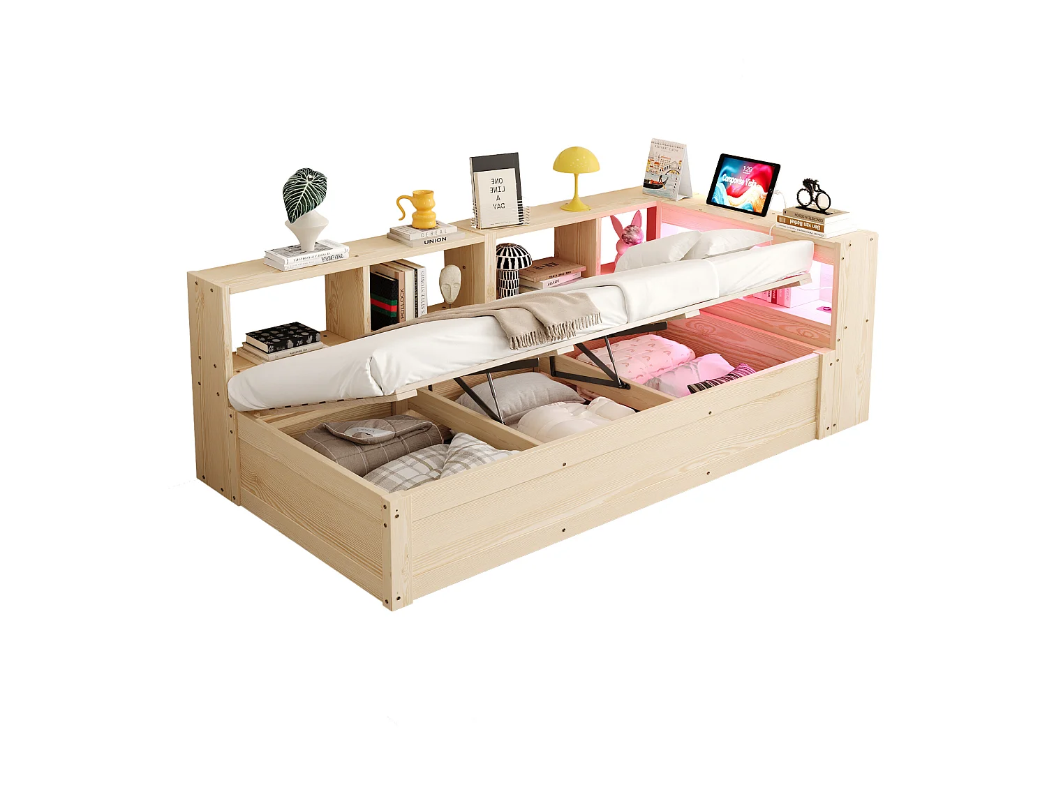 Slaapbank 90 × 200 cm - met stopcontact - met opbergvakken - met LED-verlichting - naturel (matras niet inbegrepen)