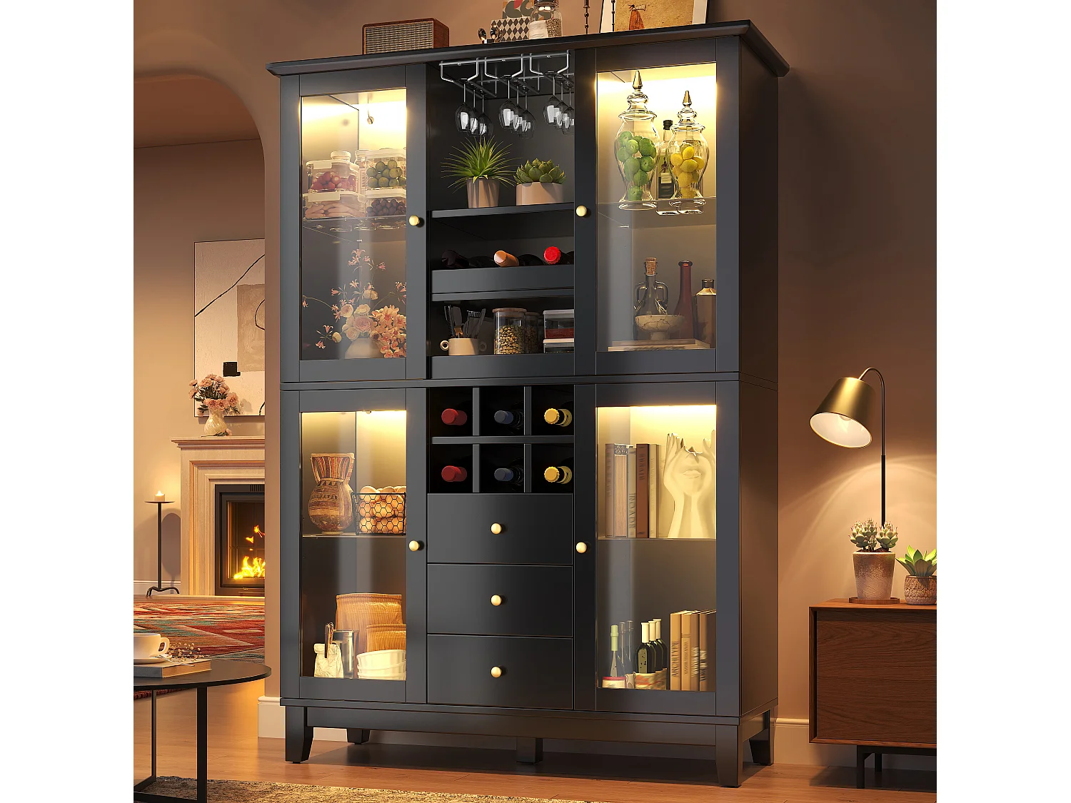 Keukenkast 120x180cm, wijnkast met LED, glazenhouder, flessenrek en 3 lades - zwart