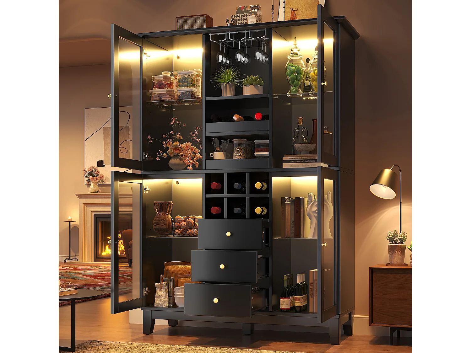 Keukenkast 120x180cm, wijnkast met LED, glazenhouder, flessenrek en 3 lades - zwart