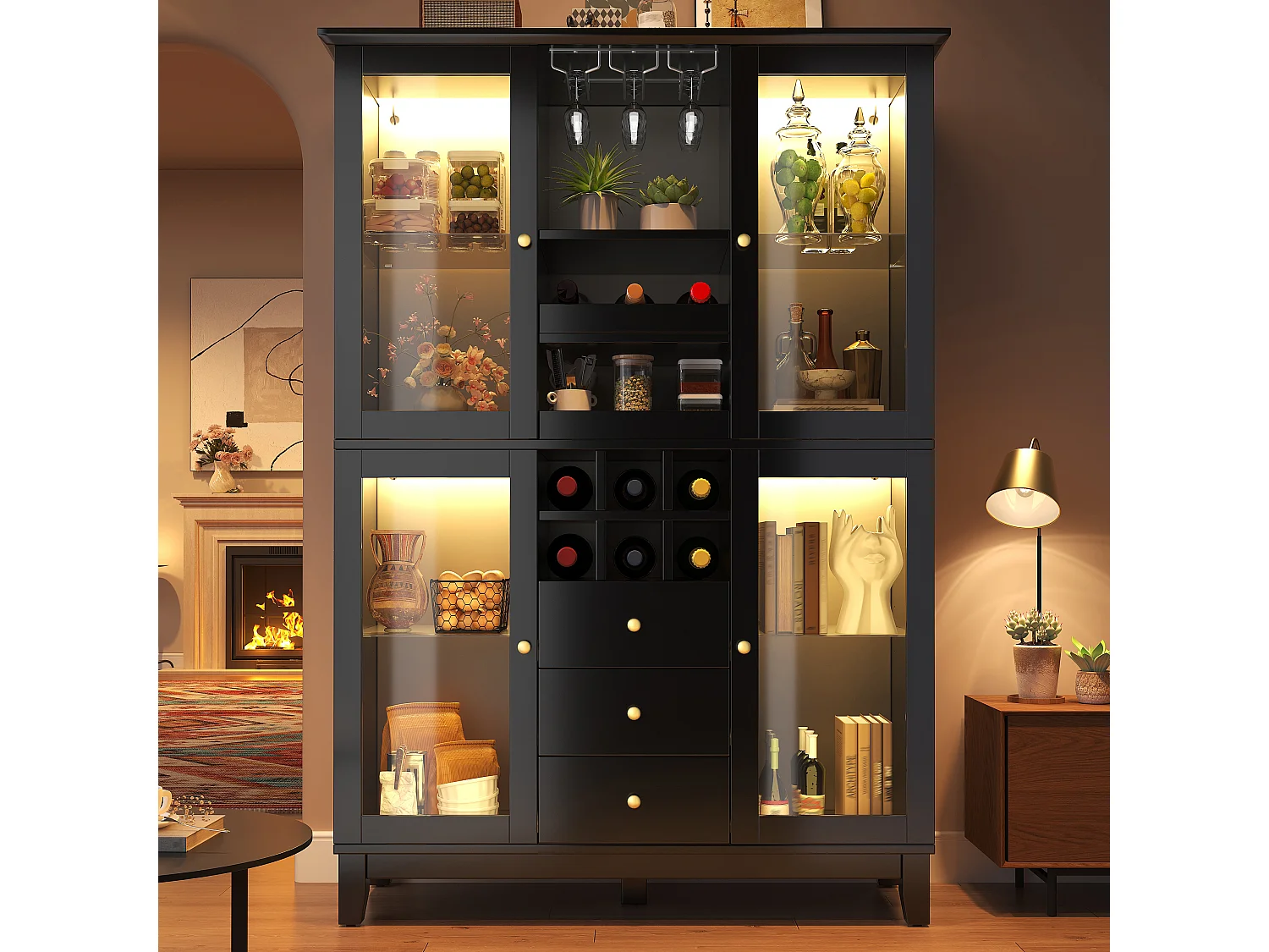 Keukenkast 120x180cm, wijnkast met LED, glazenhouder, flessenrek en 3 lades - zwart