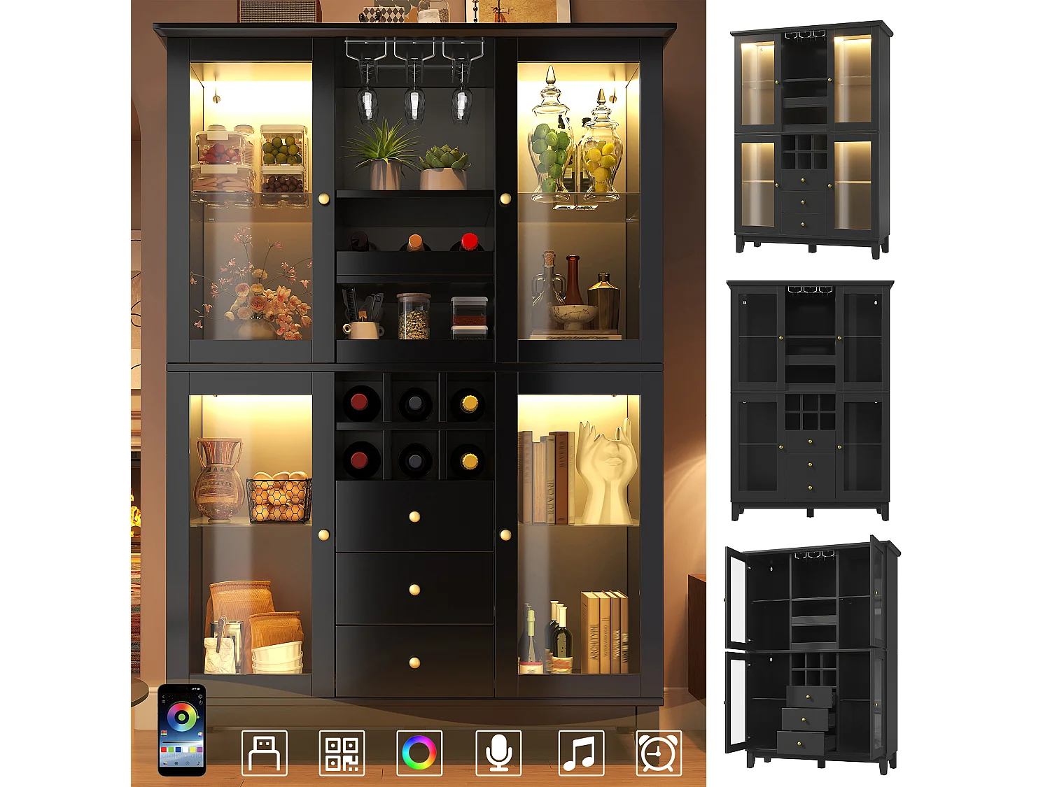 Keukenkast 120x180cm, wijnkast met LED, glazenhouder, flessenrek en 3 lades - zwart