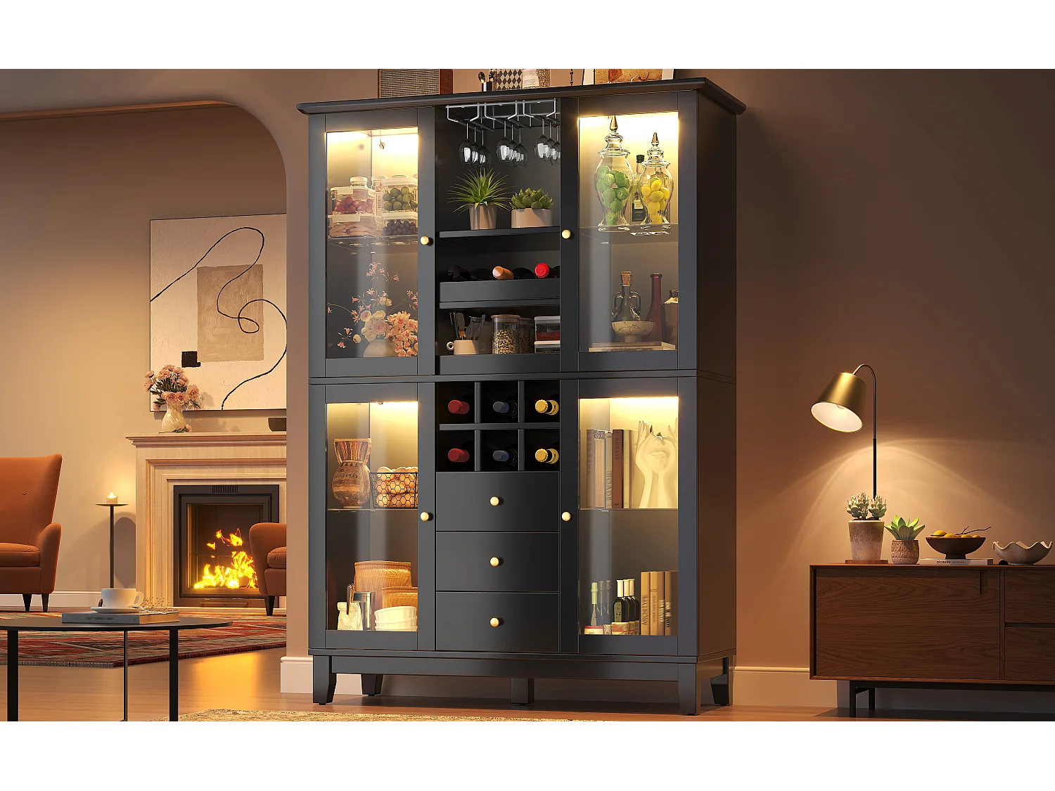 Keukenkast 120x180cm, wijnkast met LED, glazenhouder, flessenrek en 3 lades - zwart