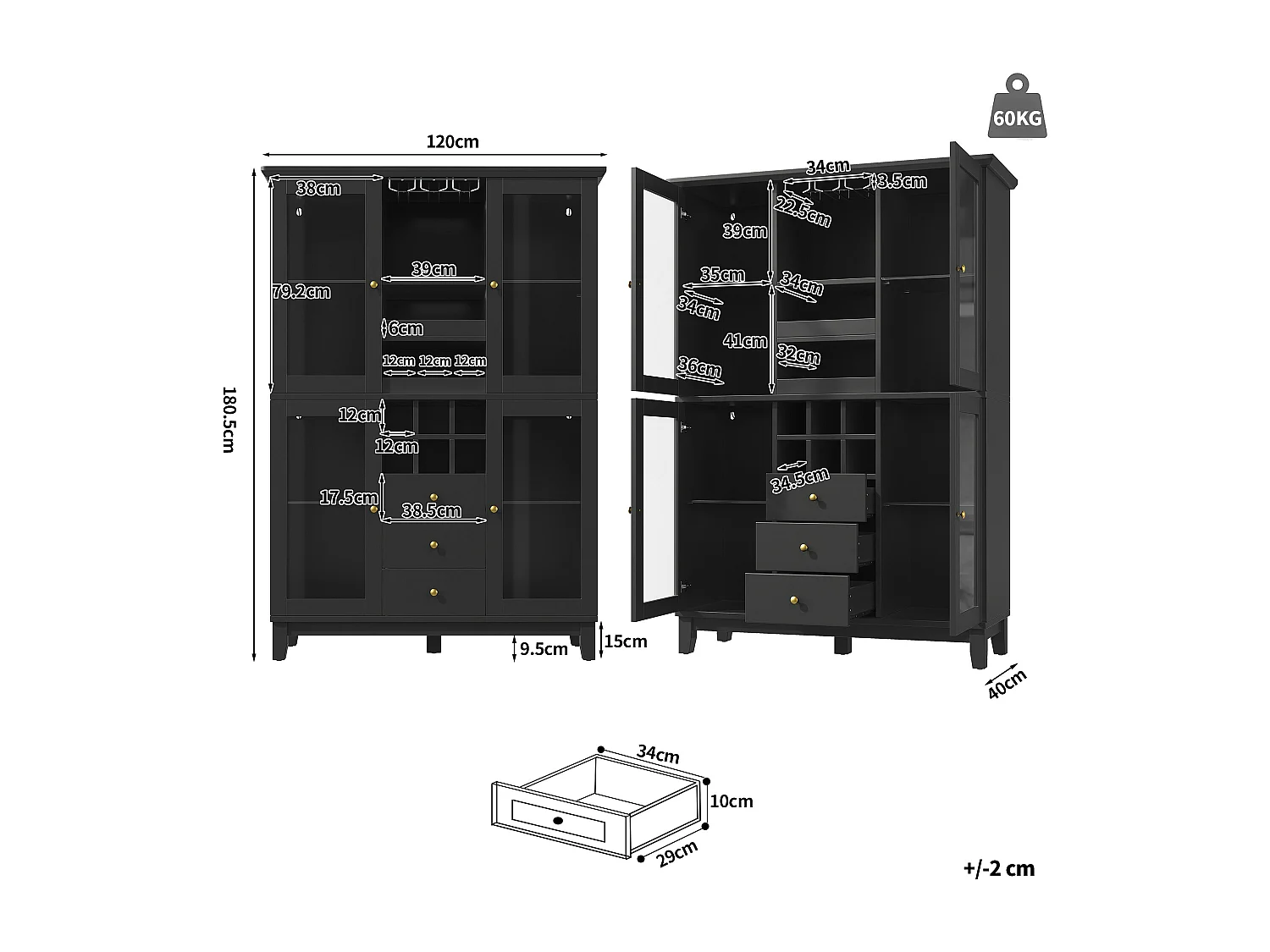 Keukenkast 120x180cm, wijnkast met LED, glazenhouder, flessenrek en 3 lades - zwart
