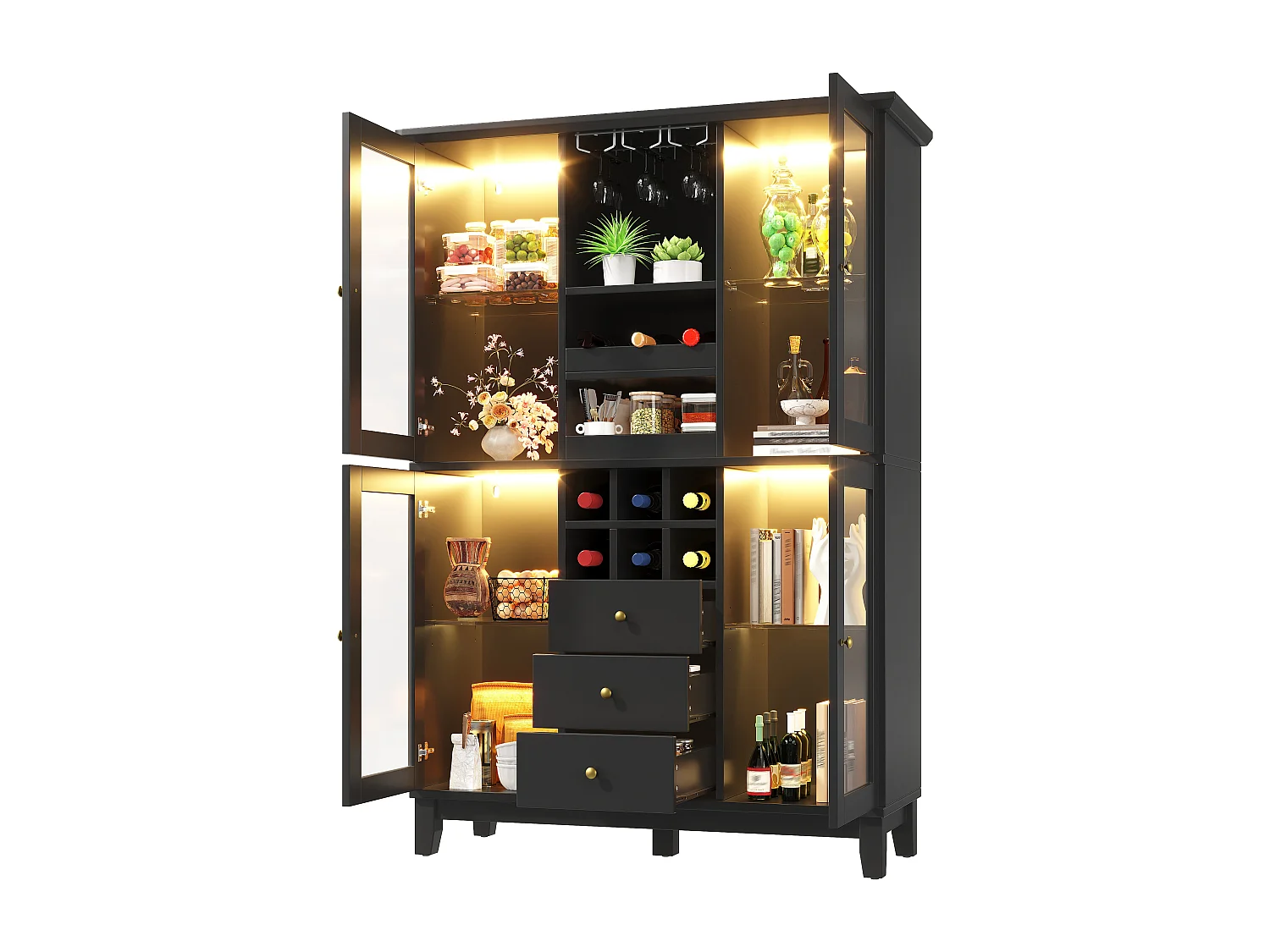 Keukenkast 120x180cm, wijnkast met LED, glazenhouder, flessenrek en 3 lades - zwart