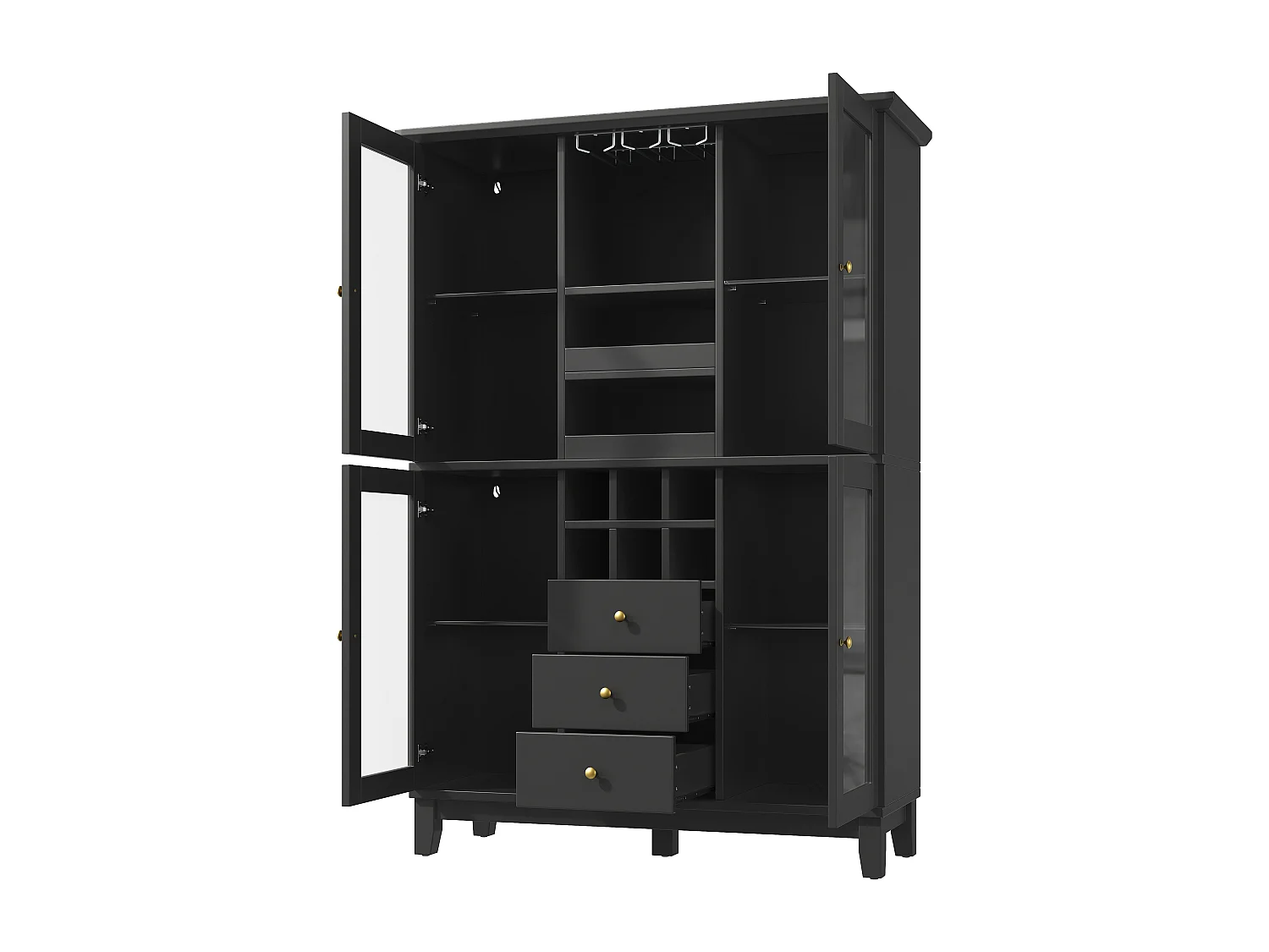 Keukenkast 120x180cm, wijnkast met LED, glazenhouder, flessenrek en 3 lades - zwart