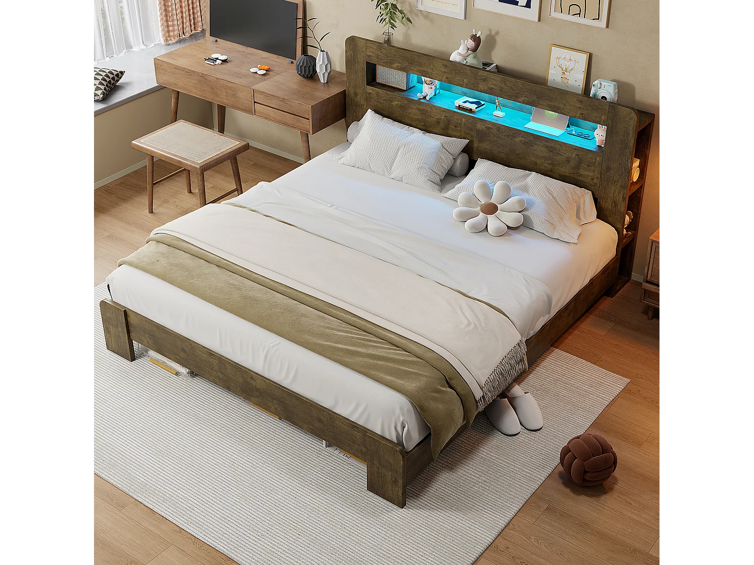 Cama de madera 180 x 200 cm - con espacio de almacenamiento - equipada con luz LED - con toma de corriente - natural (colchón no incluido)