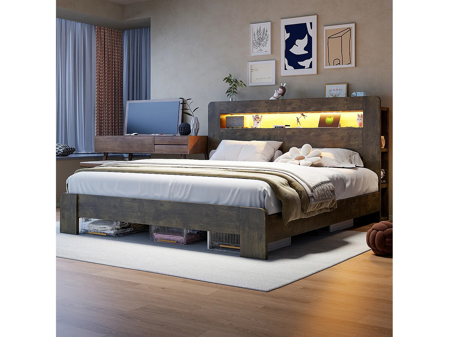 Cama de madera 180 x 200 cm - con espacio de almacenamiento - equipada con luz LED - con toma de corriente - natural (colchón no incluido)