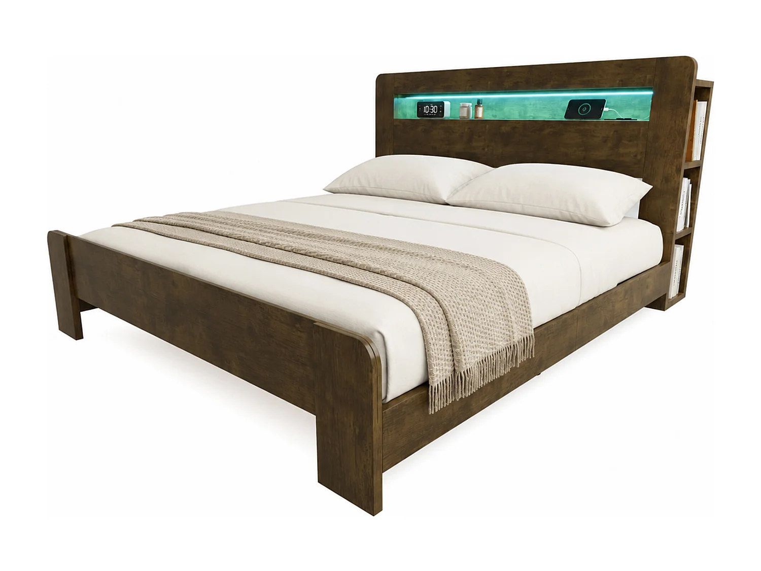 Cama de madera 180 x 200 cm - con espacio de almacenamiento - equipada con luz LED - con toma de corriente - natural (colchón no incluido)