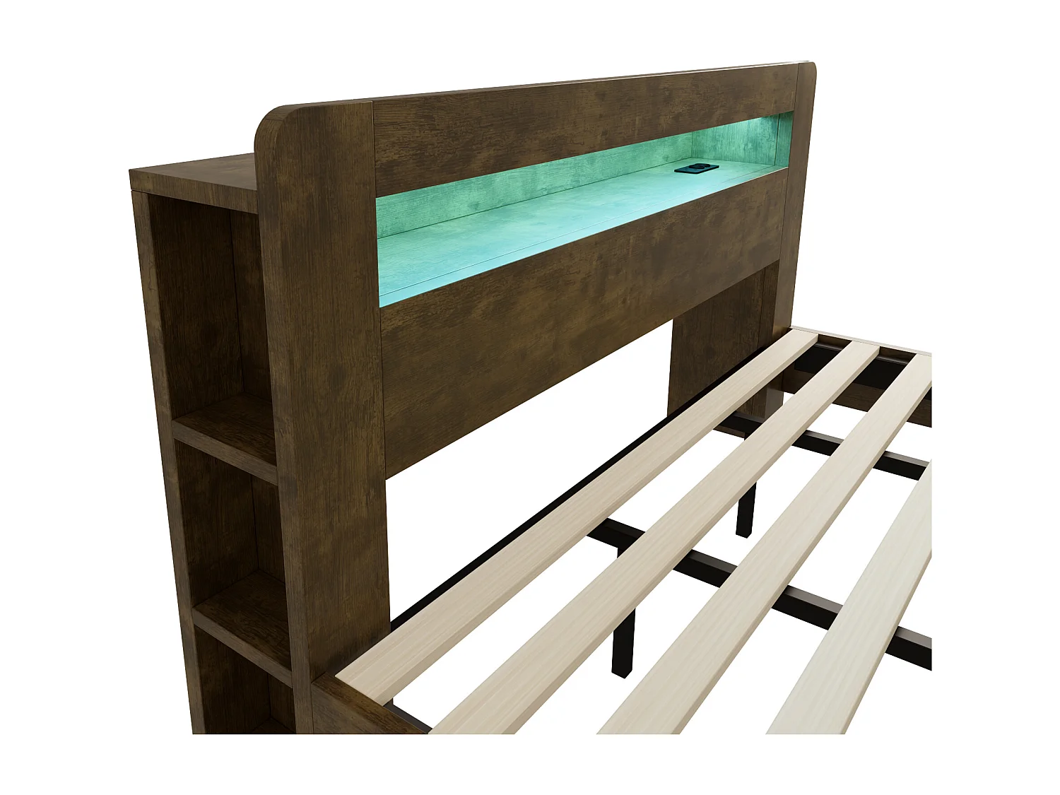 Cama de madera 180 x 200 cm - con espacio de almacenamiento - equipada con luz LED - con toma de corriente - natural (colchón no incluido)