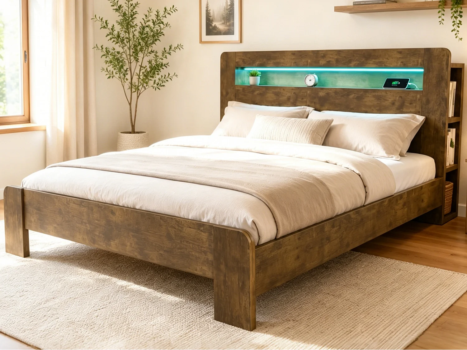 Cama de madera 180 x 200 cm - con espacio de almacenamiento - equipada con luz LED - con toma de corriente - natural (colchón no incluido)
