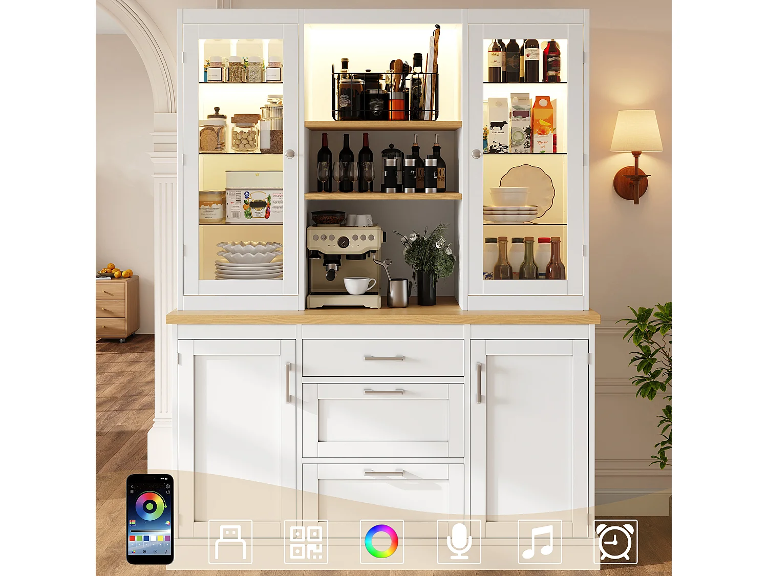 Buffet de Cuisine 140x185cm avec LED, Armoire de Rangement avec Plan de Travail, 3 Tiroirs et Portes en Verre - Blanc