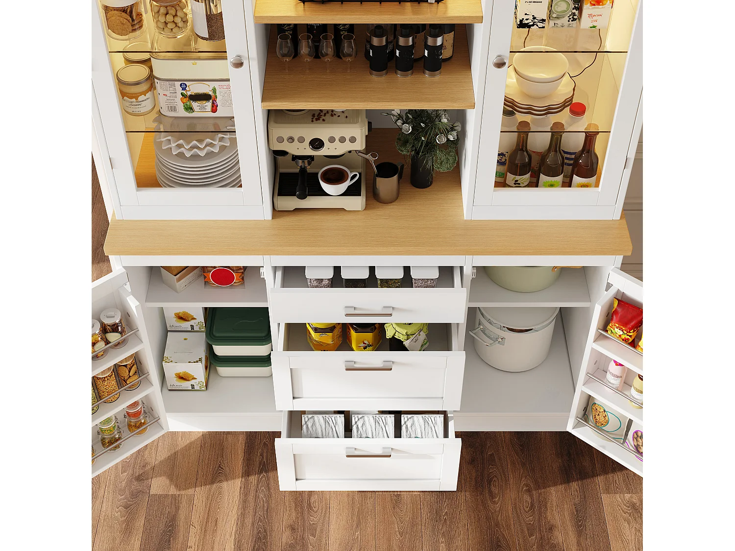 Buffet de Cuisine 140x185cm avec LED, Armoire de Rangement avec Plan de Travail, 3 Tiroirs et Portes en Verre - Blanc