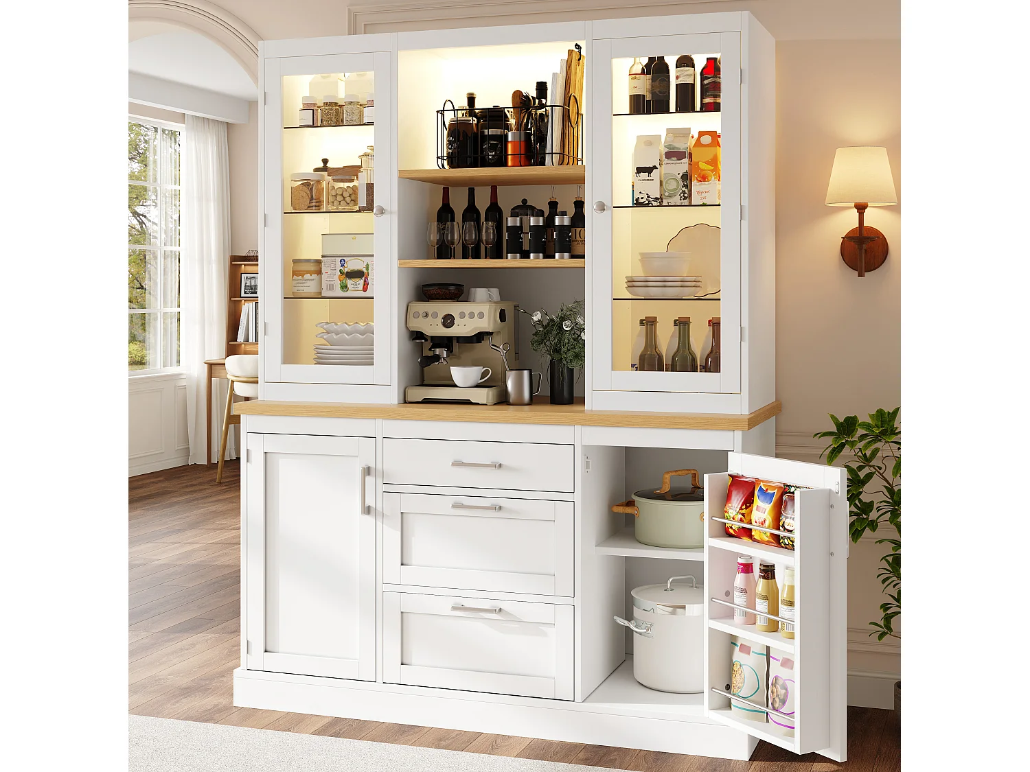 Buffet de Cuisine 140x185cm avec LED, Armoire de Rangement avec Plan de Travail, 3 Tiroirs et Portes en Verre - Blanc