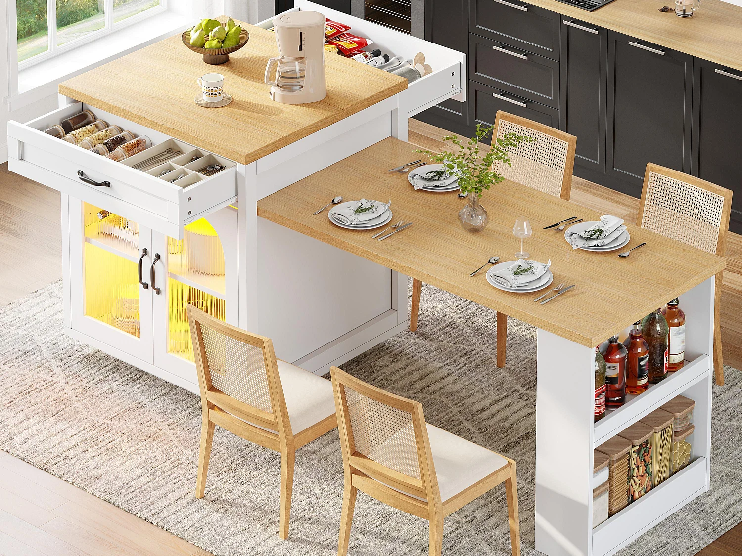 Îlot de Cuisine avec Table Extensible 126-196cm, Buffet avec LED RGB, 2 Tiroirs, Étagère Réglable et Portes en Verre - Blanc