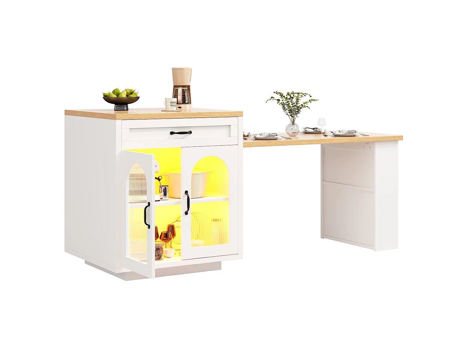 Îlot de Cuisine avec Table Extensible 126-196cm, Buffet avec LED RGB, 2 Tiroirs, Étagère Réglable et Portes en Verre - Blanc