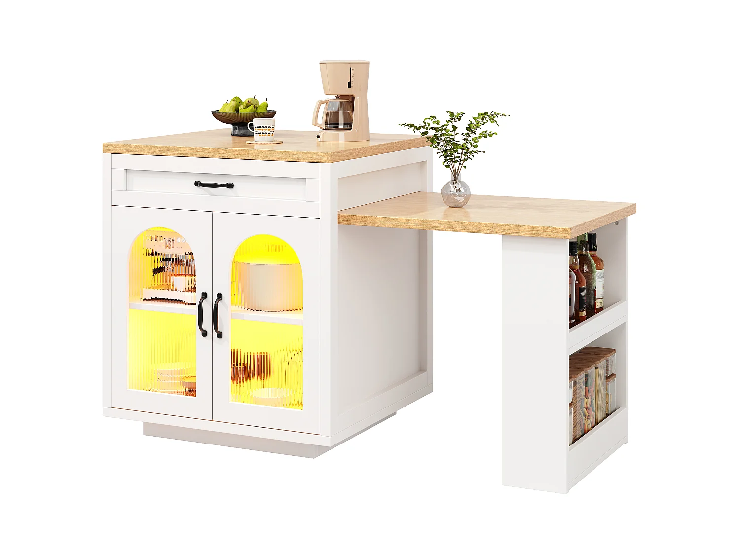 Îlot de Cuisine avec Table Extensible 126-196cm, Buffet avec LED RGB, 2 Tiroirs, Étagère Réglable et Portes en Verre - Blanc